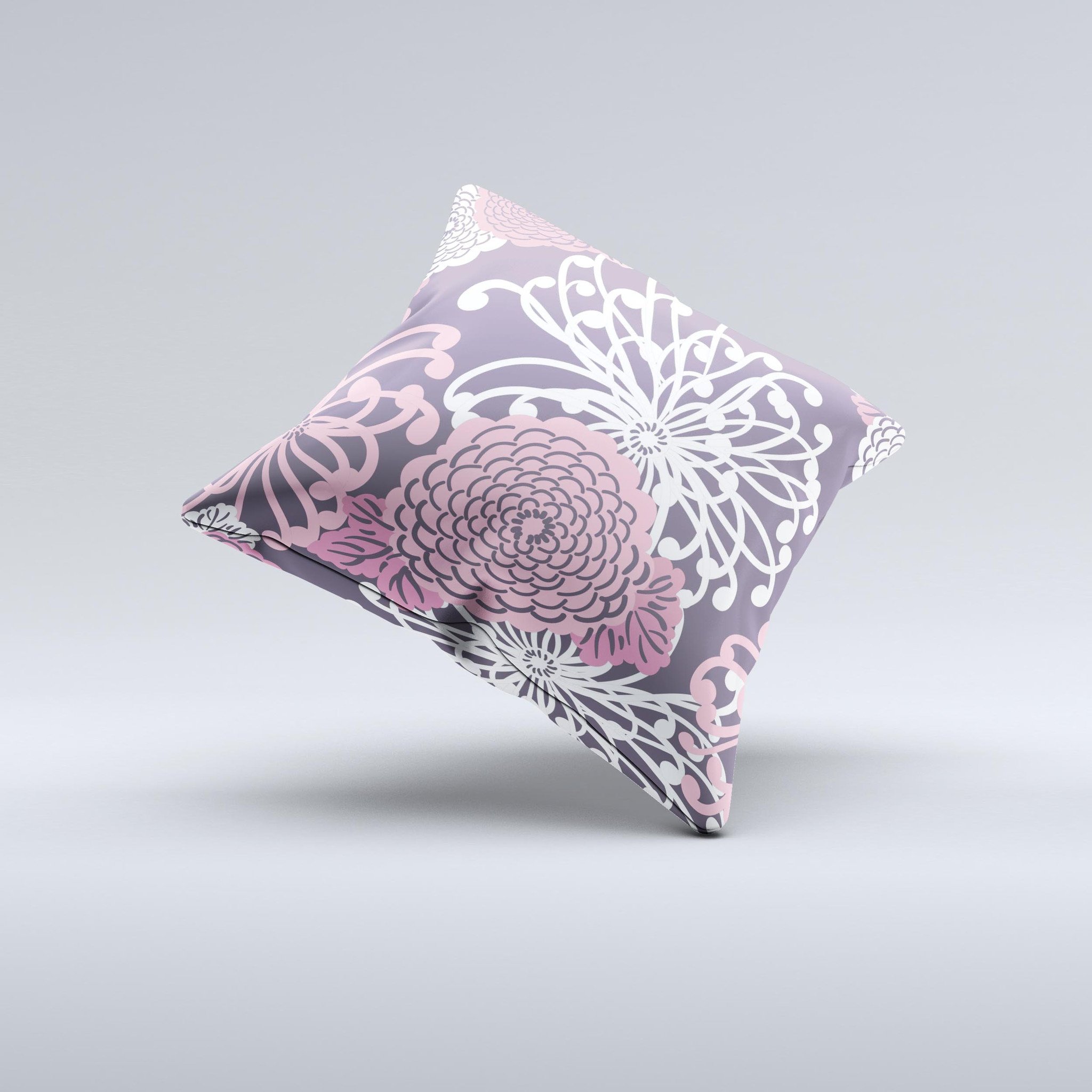 Pink and white decorative throw pillow with floral design, handcrafted in Virginia, showcasing unique imperfections.