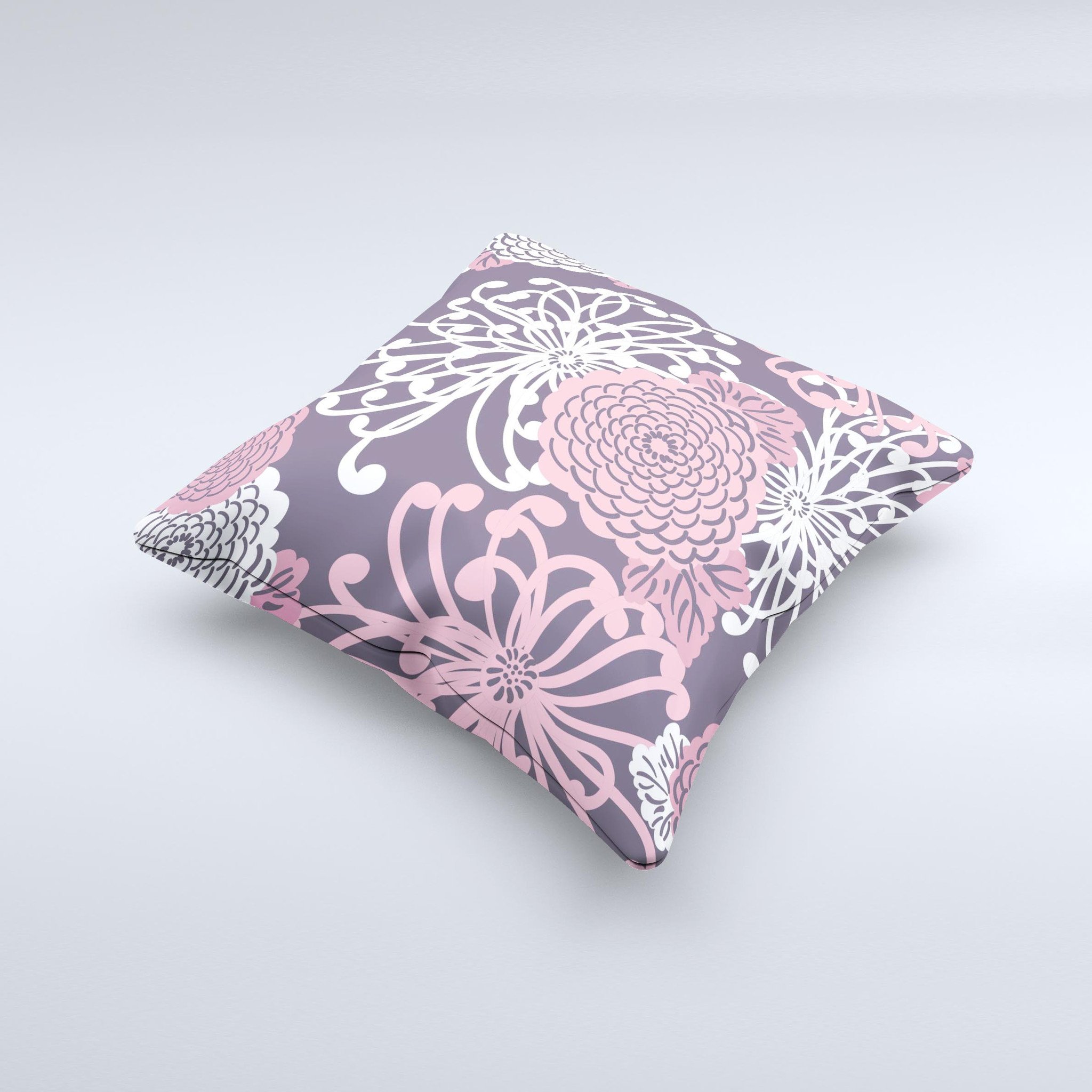Pink and white decorative throw pillow with floral design, handcrafted in Virginia, showcasing unique imperfections.