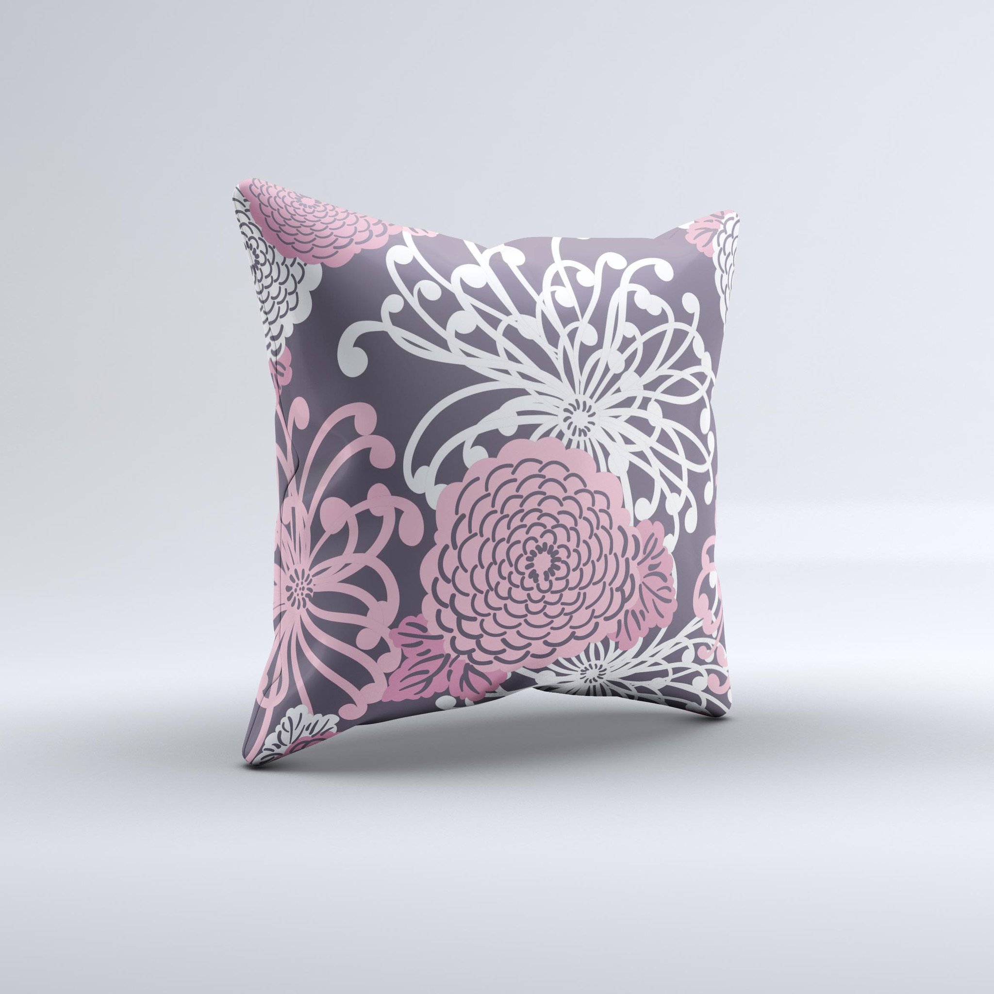 Pink and white decorative throw pillow with floral design, handcrafted in Virginia, showcasing unique imperfections.