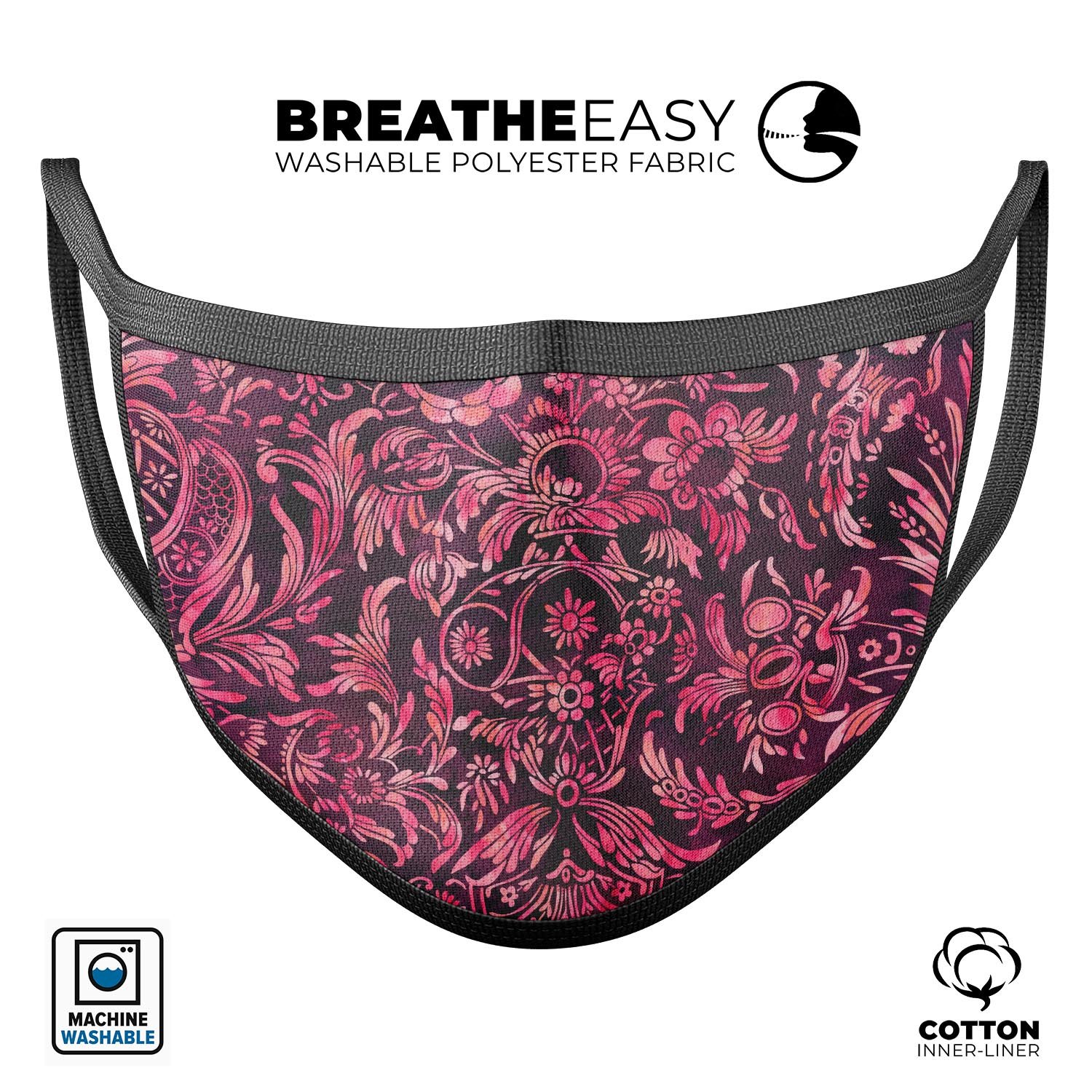 Pink and Wine Damask Watercolor Pattern mouth cover, showcasing vibrant colors and a stylish design, made in the USA.
