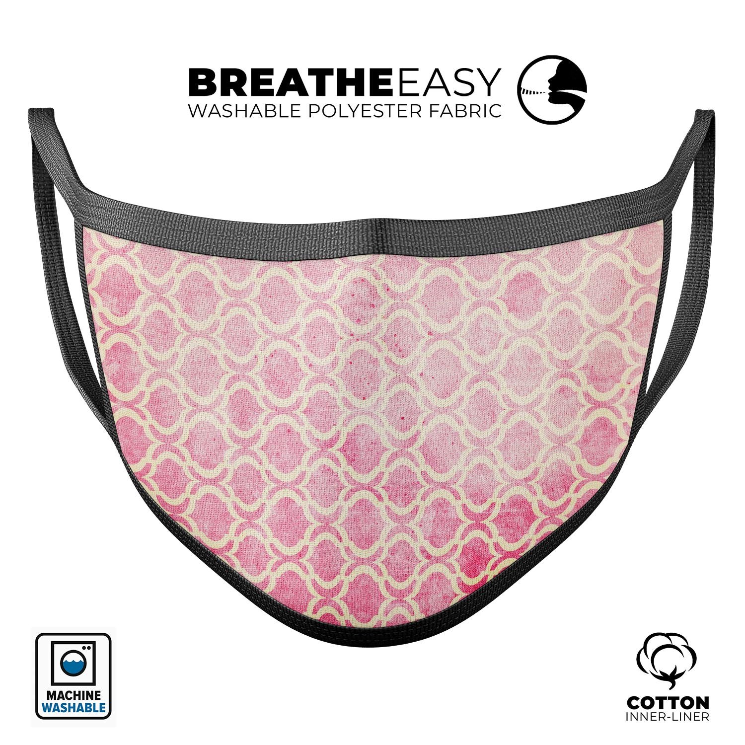 Pink and Yellow Bubble Moroccan Pattern mouth cover, showcasing vibrant colors and adjustable ear loops for a comfortable fit.