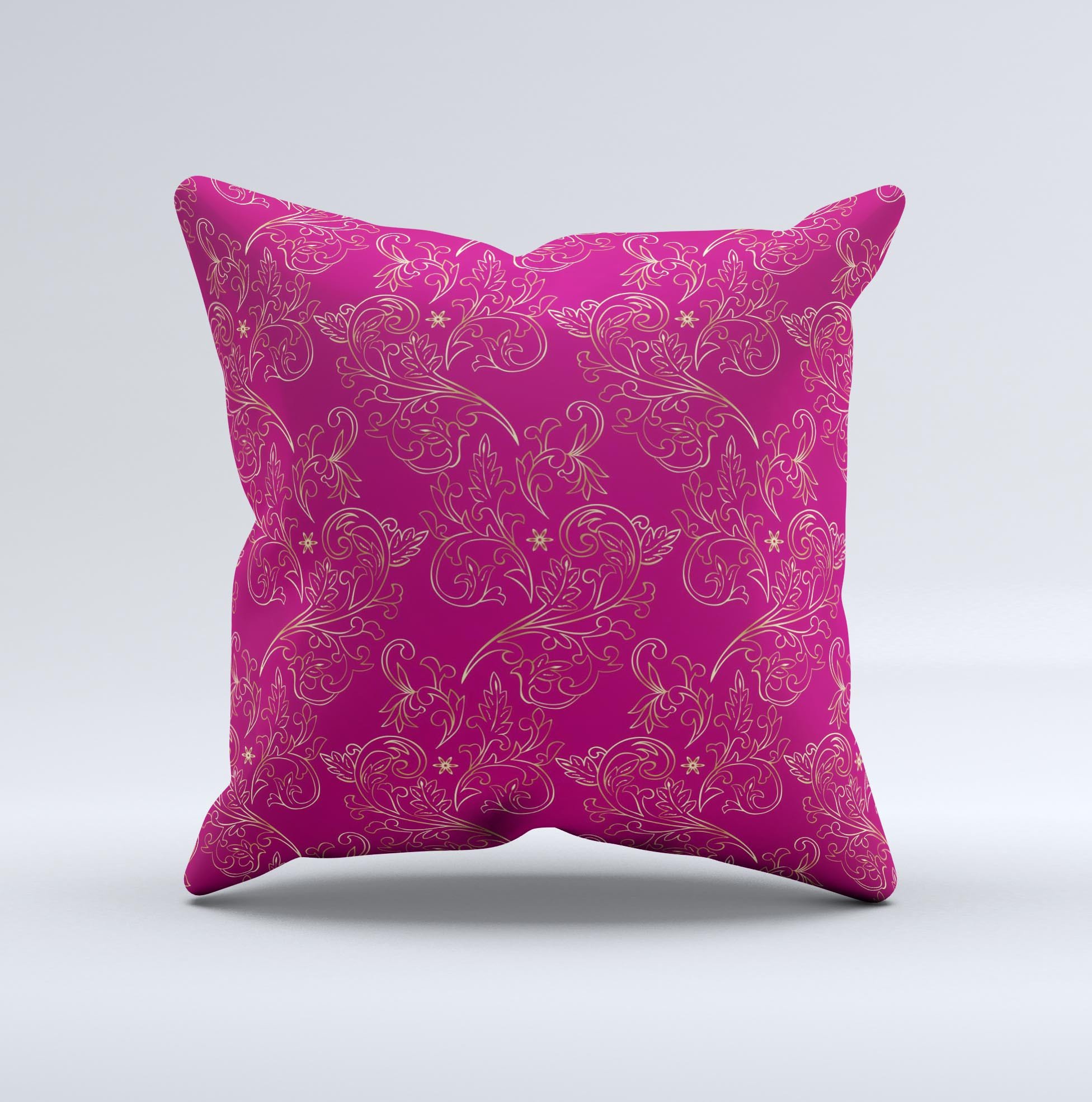 Pink and yellow decorative throw pillow featuring a floral vine pattern, handcrafted in Virginia with high-quality materials.