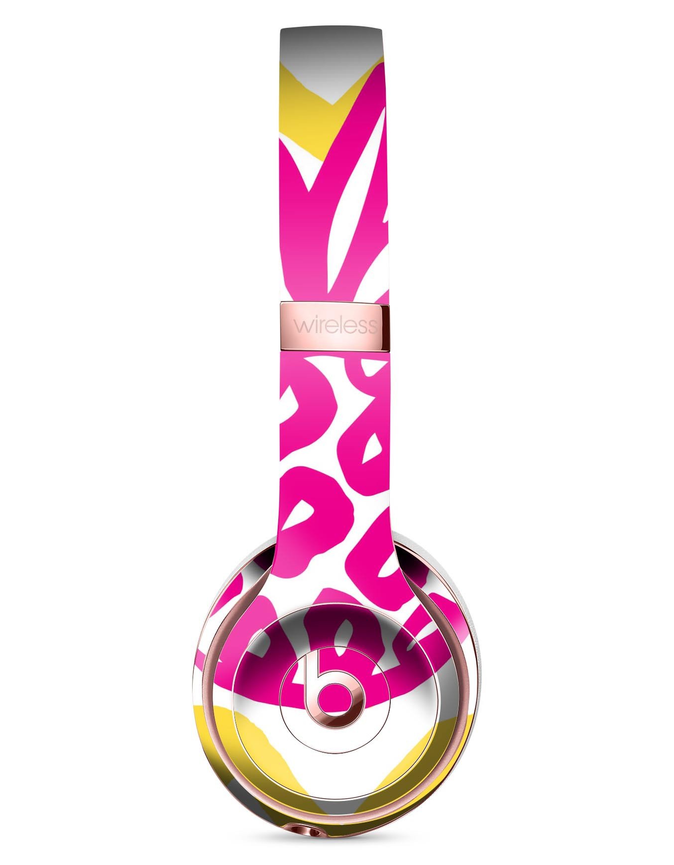 Pink and yellow pineapple skin kit for Beats by Dre Solo 3 Wireless headphones, showcasing vibrant colors and a stylish design.