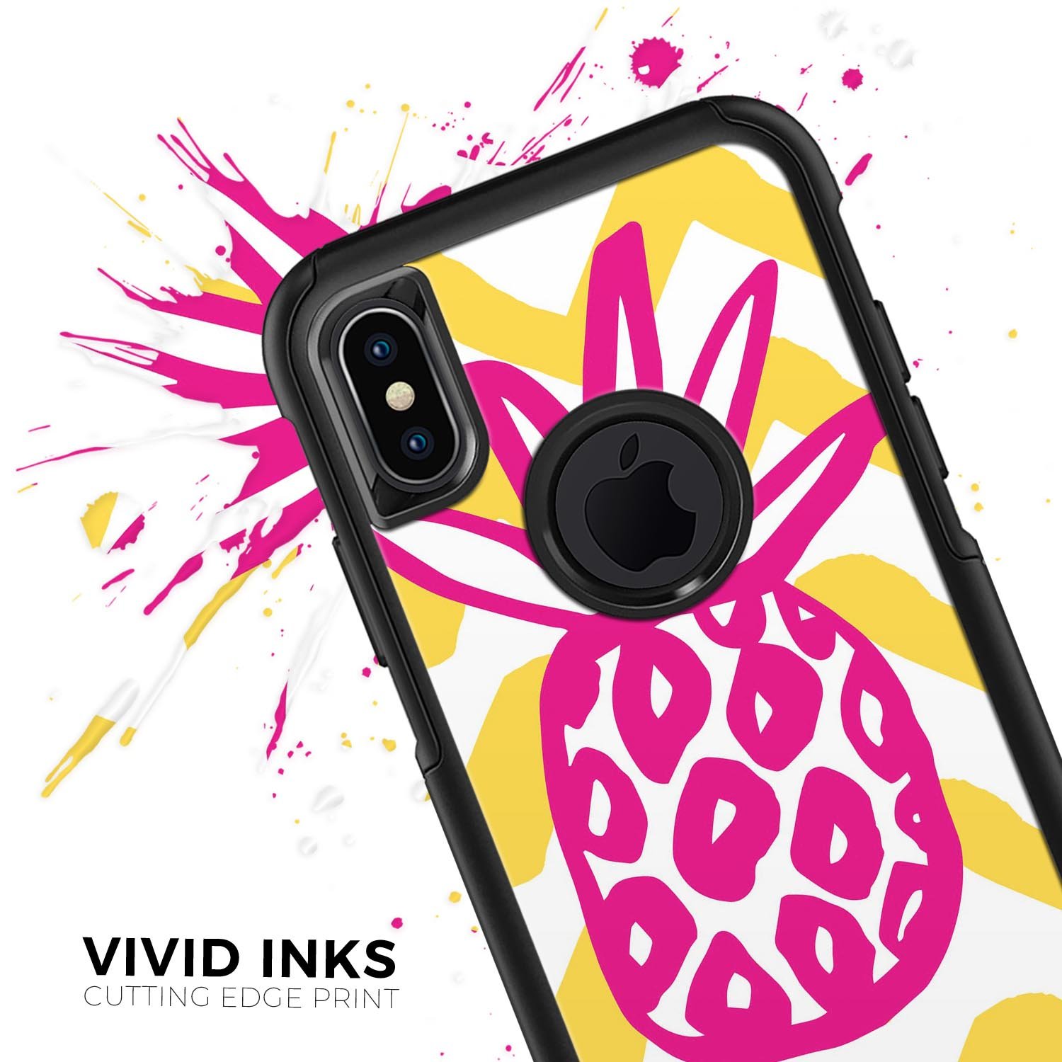 Pink and yellow pineapple skin kit for iPhone OtterBox cases, showcasing vibrant colors and a stylish design.