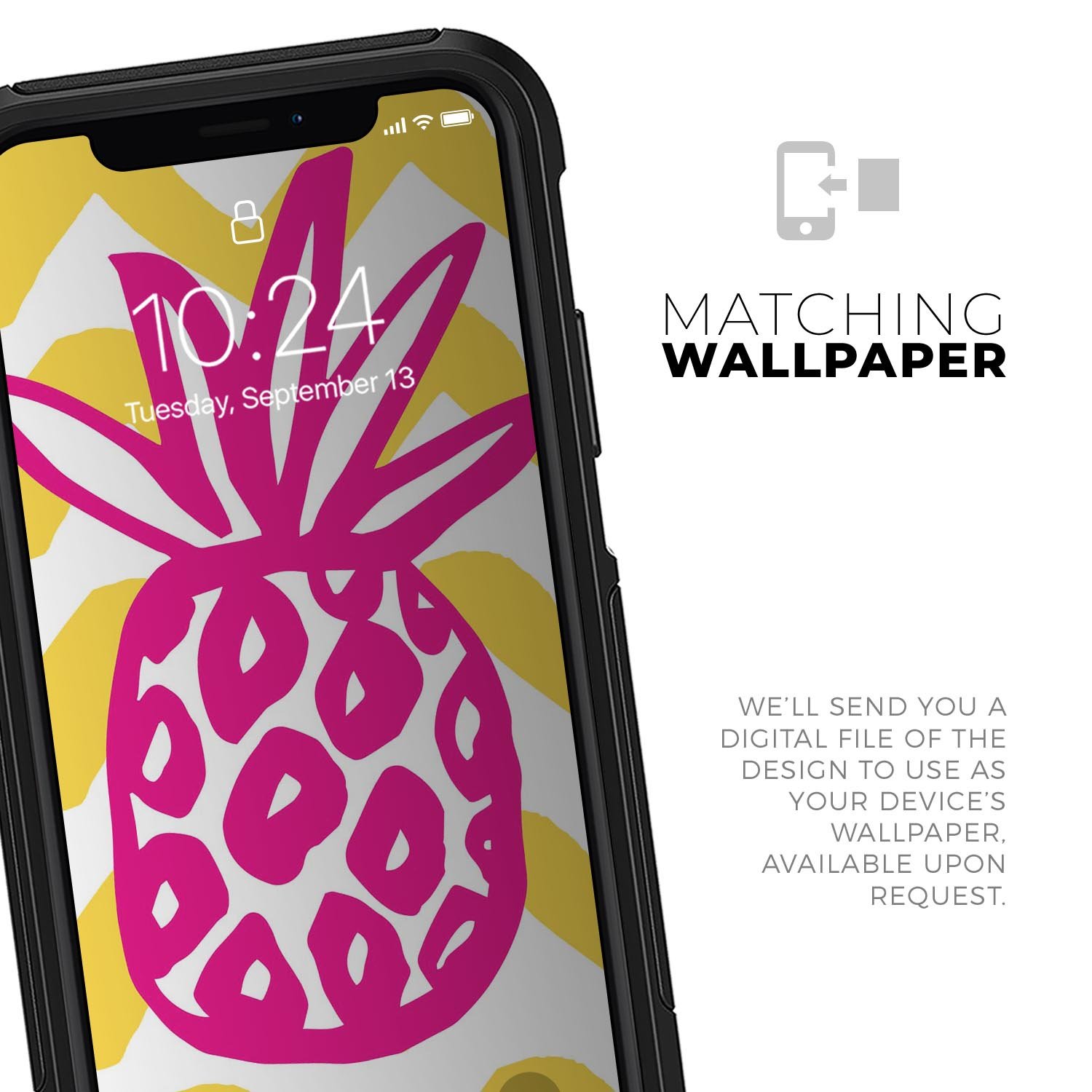 Pink and yellow pineapple skin kit for iPhone OtterBox cases, showcasing vibrant colors and a stylish design.