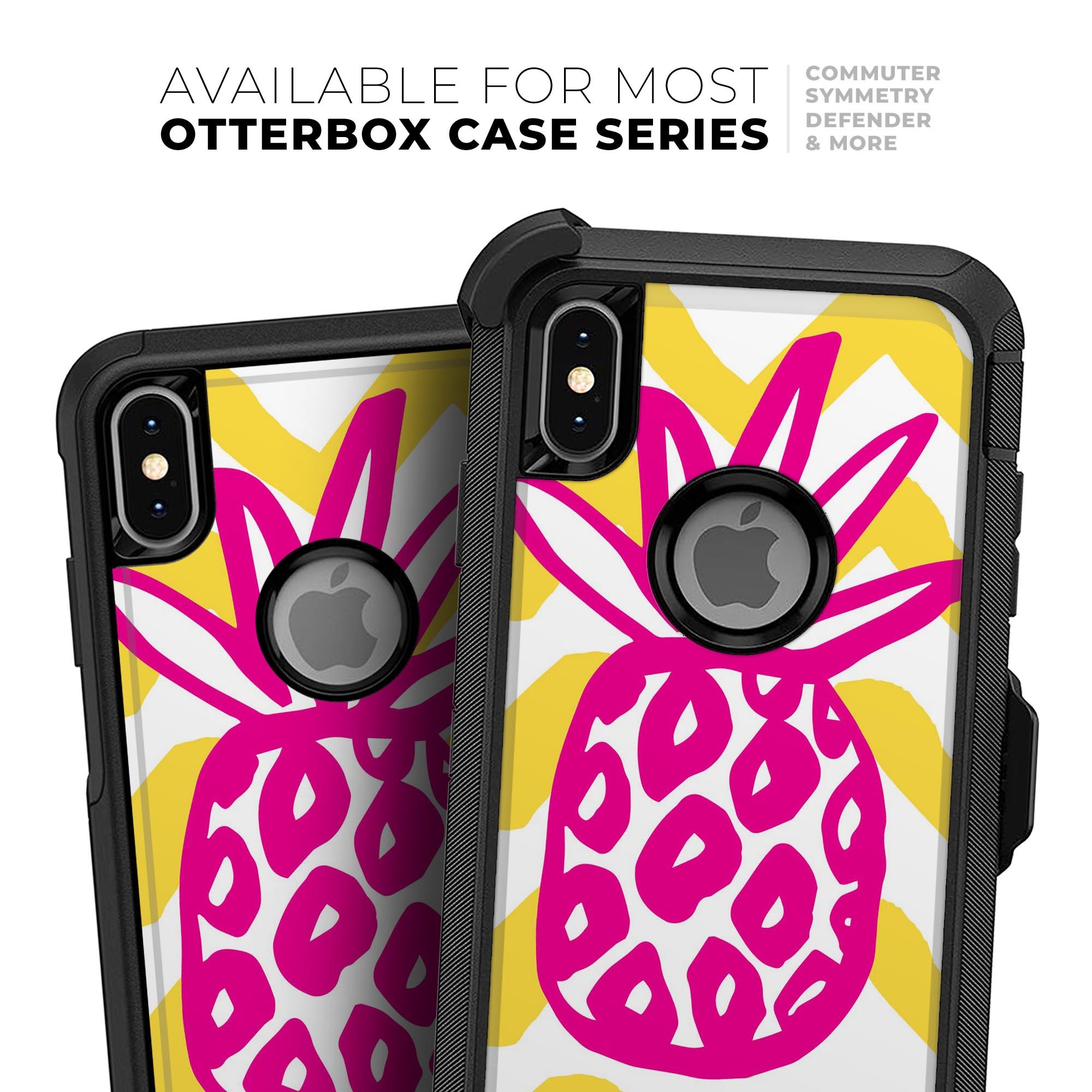 Pink and yellow pineapple skin kit for iPhone OtterBox cases, showcasing vibrant colors and a stylish design.