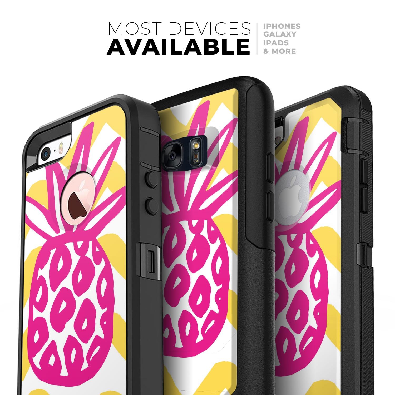 Pink and yellow pineapple skin kit for iPhone OtterBox cases, showcasing vibrant colors and a stylish design.