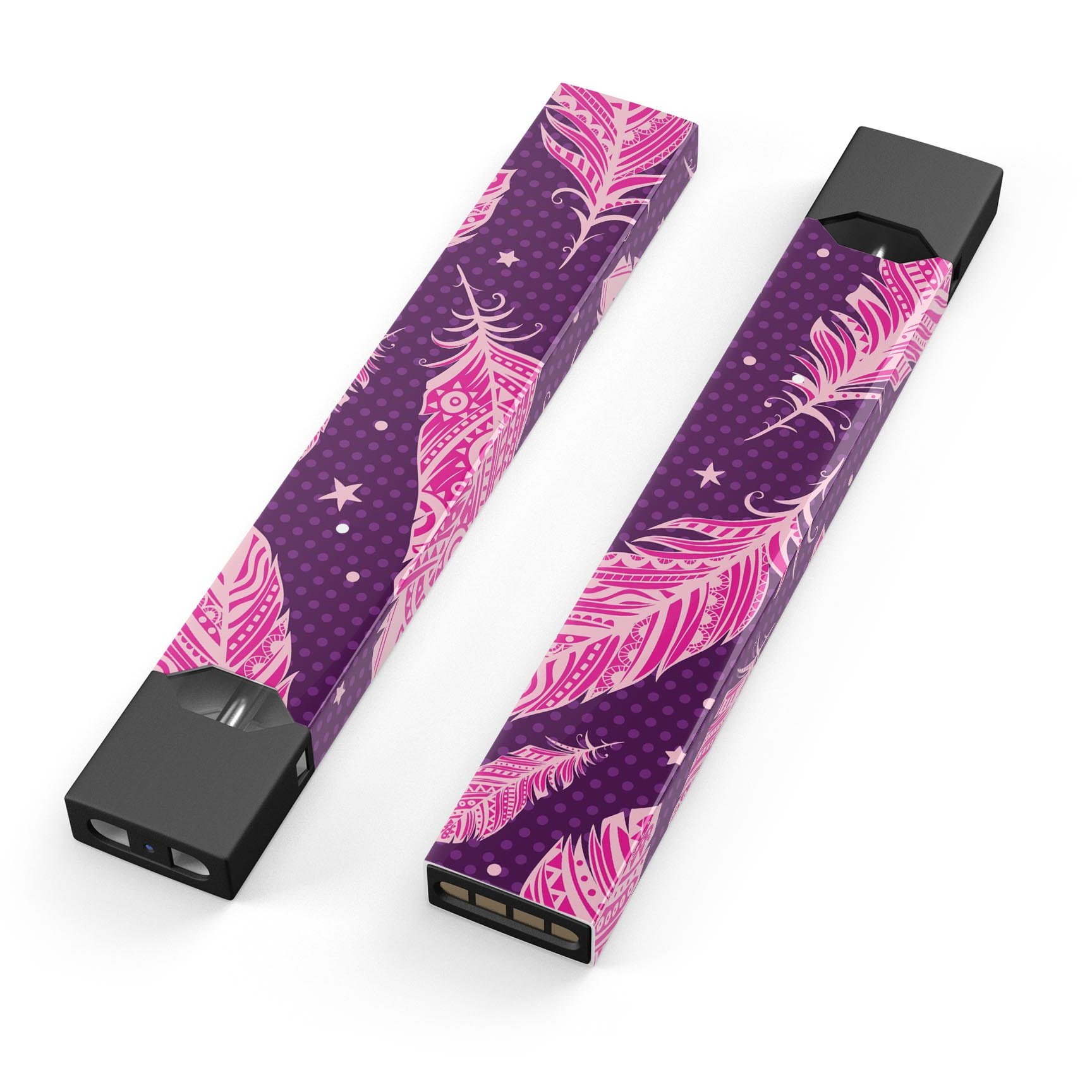 Pink Aztec Feather Galore skin-wrap sticker for JUUL vaping device, featuring vibrant colors and intricate feather design.