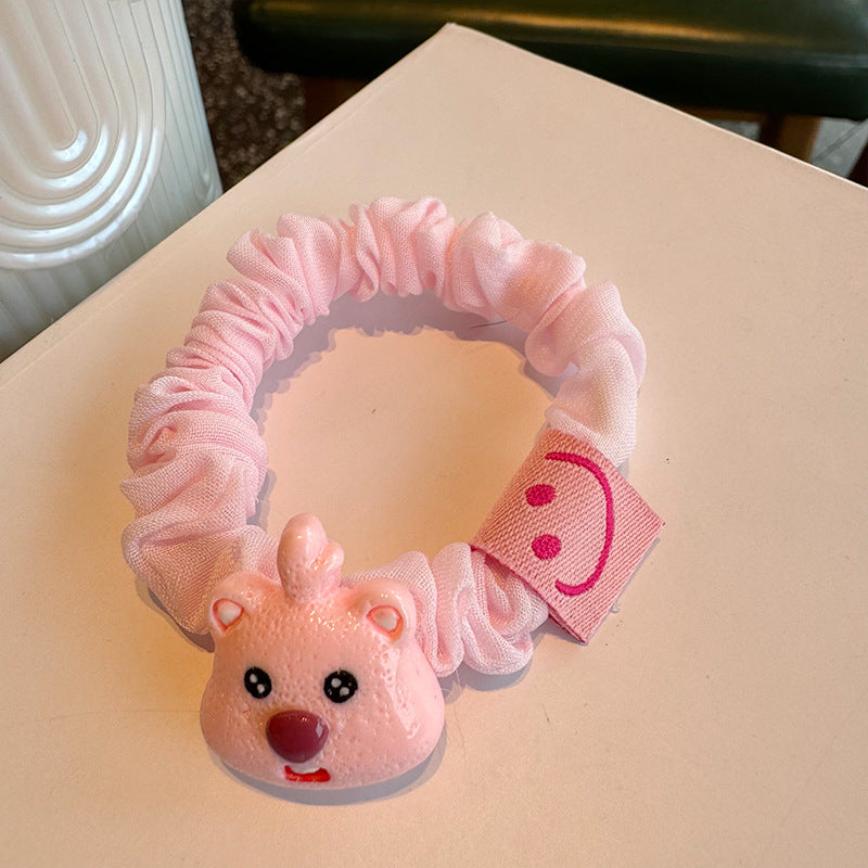 A set of four Pink Beaver Towel Hair Ties featuring cute pink and white bear designs, perfect for stylish hair accessories.
