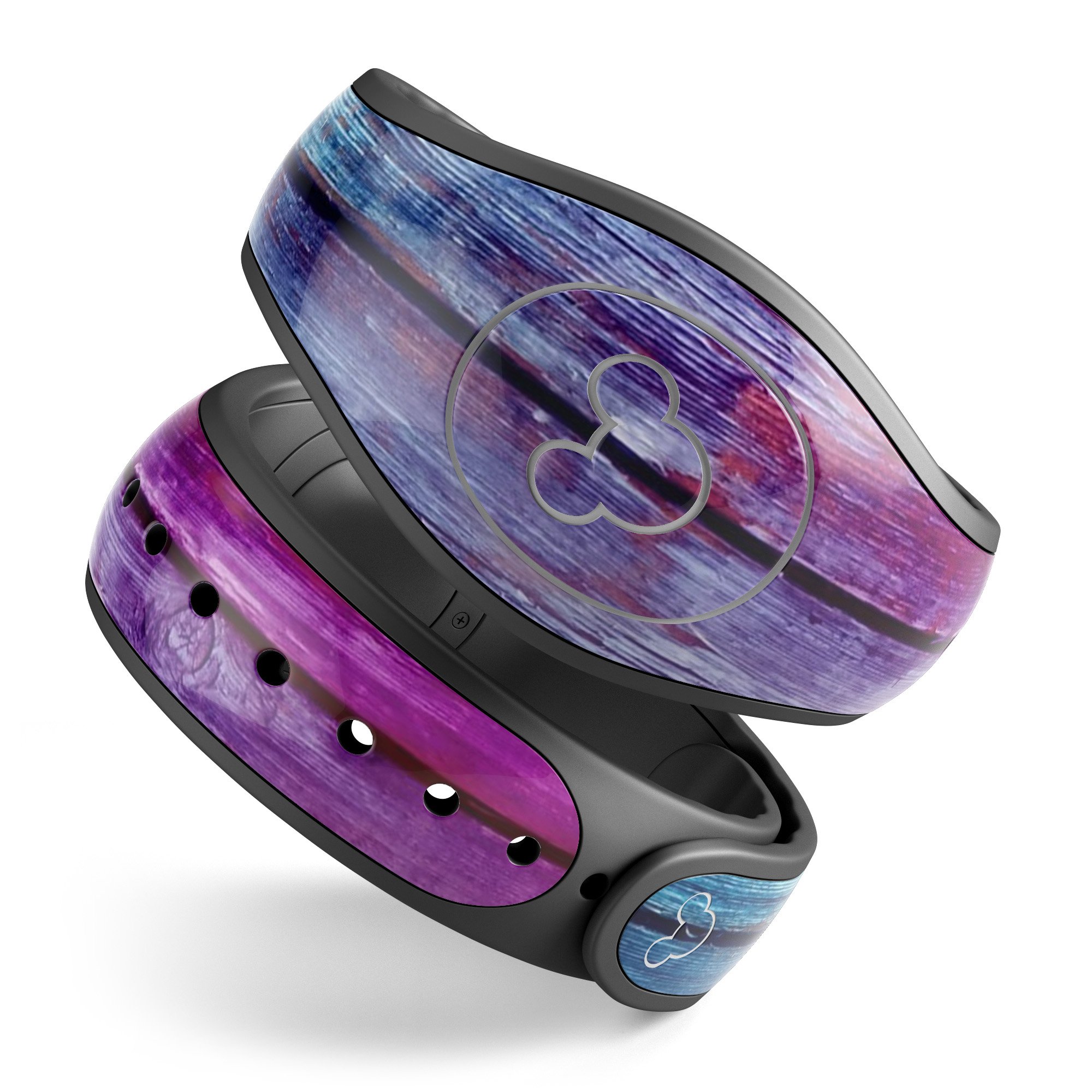 Pink and blue dyed wood decal skin wrap kit for Disney Magic Band, showcasing vibrant colors and a stylish design.