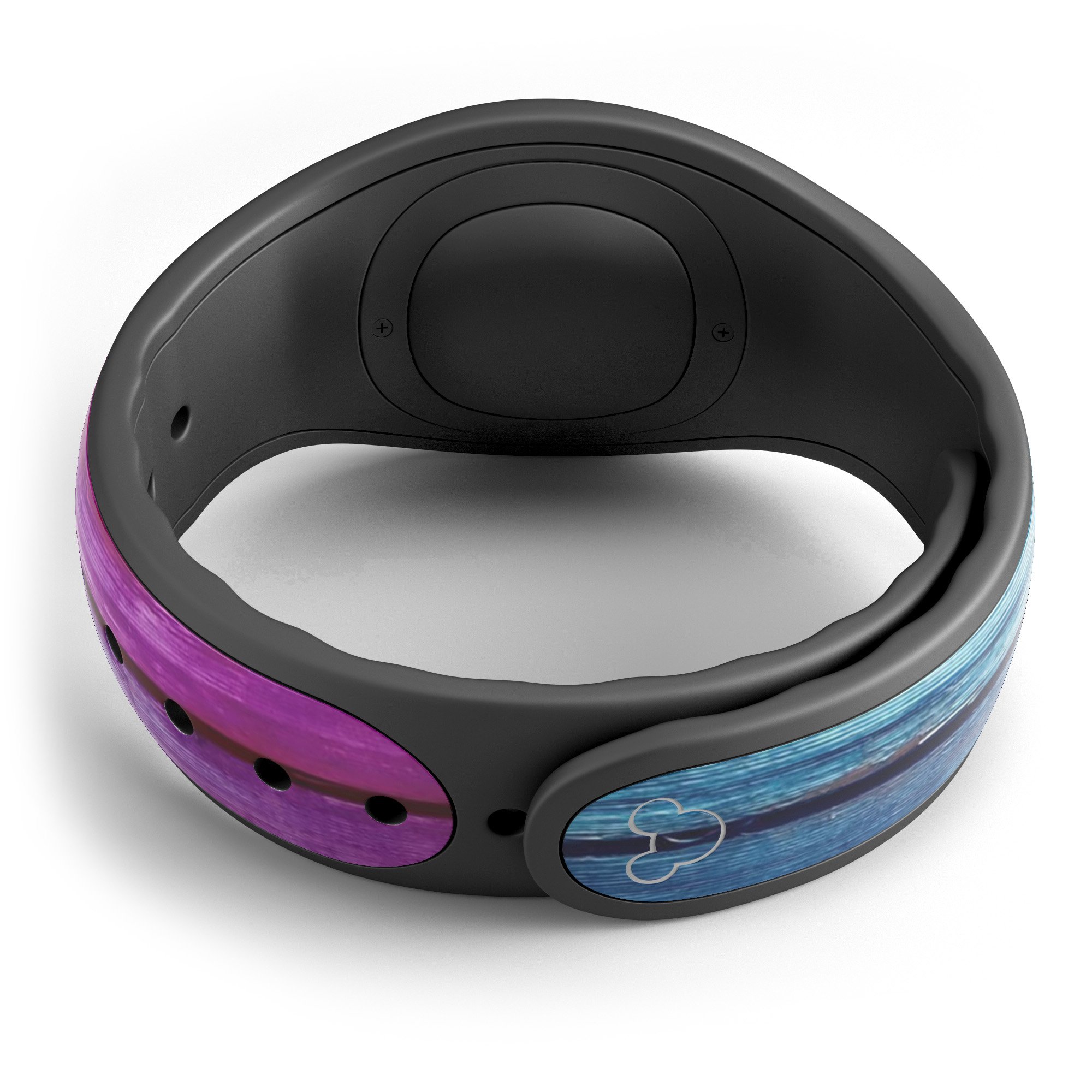Pink and blue dyed wood decal skin wrap kit for Disney Magic Band, showcasing vibrant colors and a stylish design.