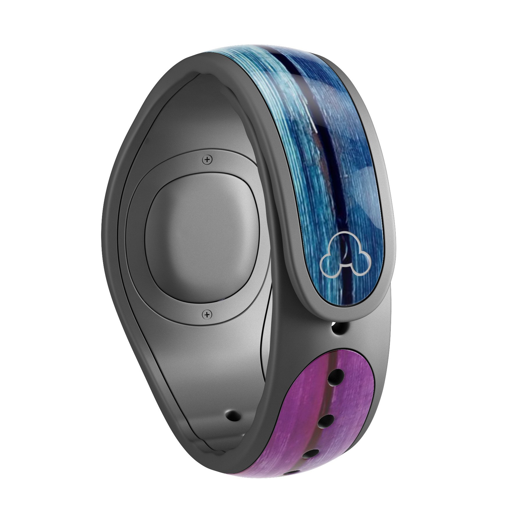 Pink and blue dyed wood decal skin wrap kit for Disney Magic Band, showcasing vibrant colors and a stylish design.