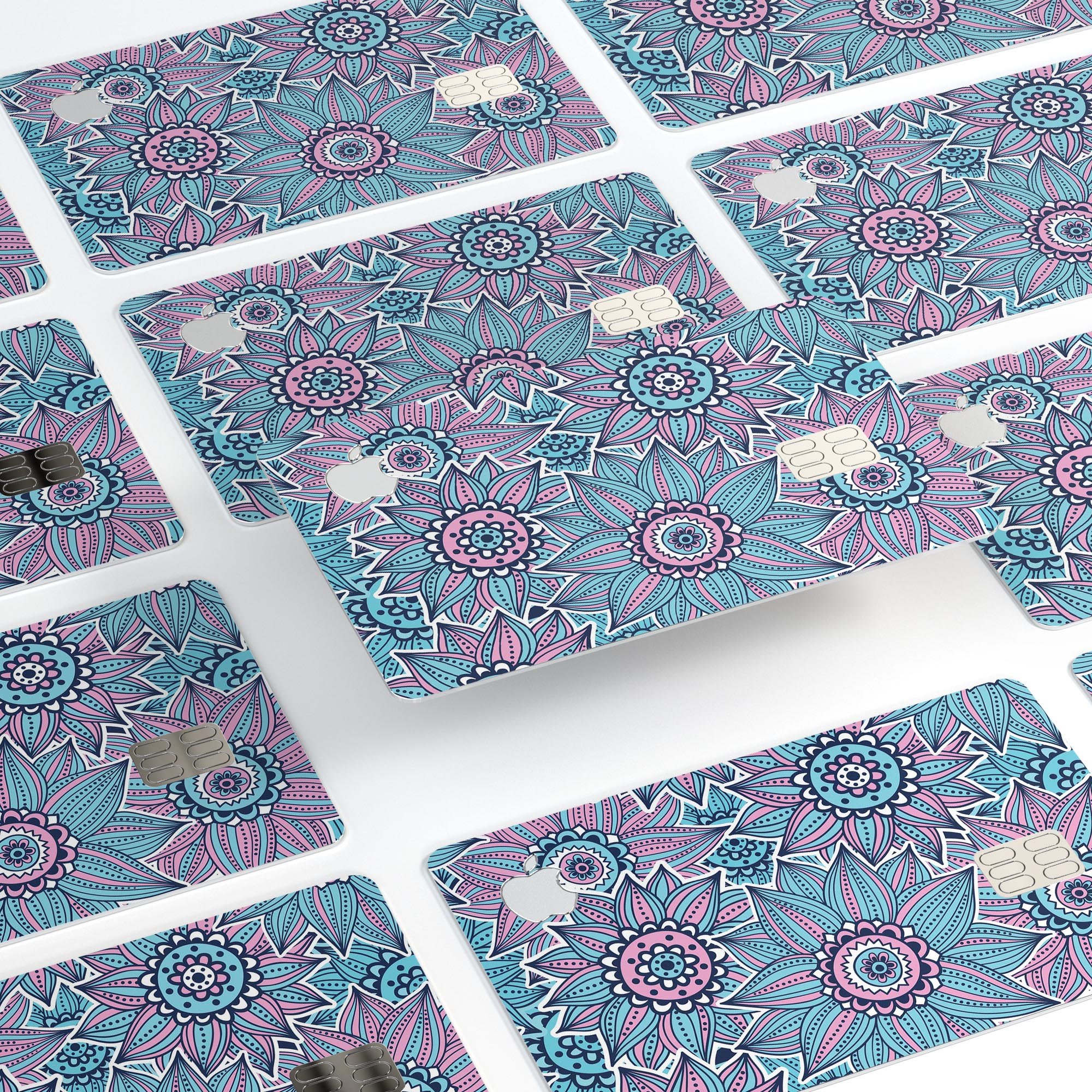 Pink and blue flowered pattern protective decal skin for Apple Card, showcasing vibrant colors and stylish design.