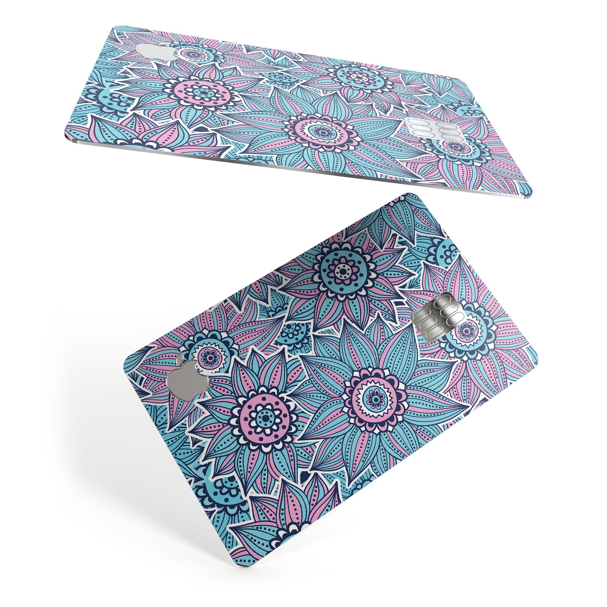 Pink and blue flowered pattern protective decal skin for Apple Card, showcasing vibrant colors and stylish design.
