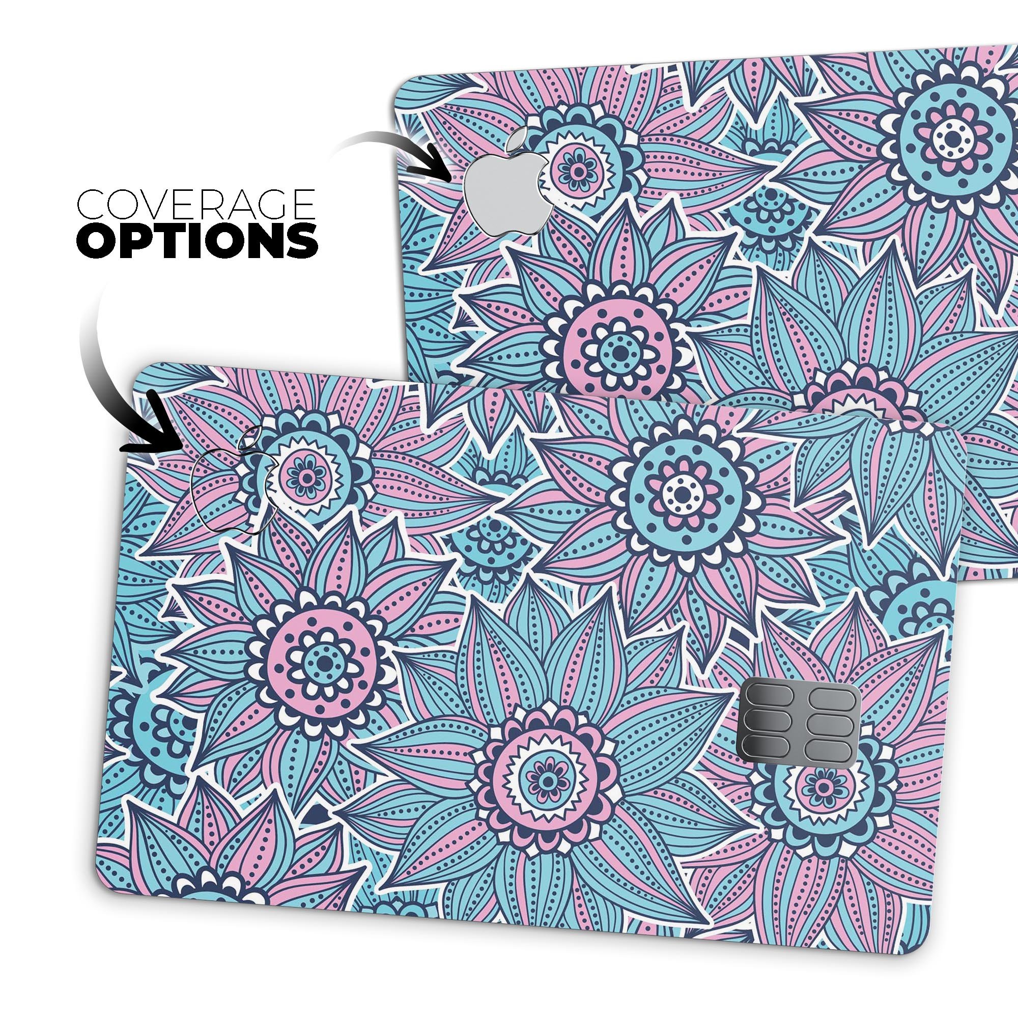 Pink and blue flowered pattern protective decal skin for Apple Card, showcasing vibrant colors and stylish design.