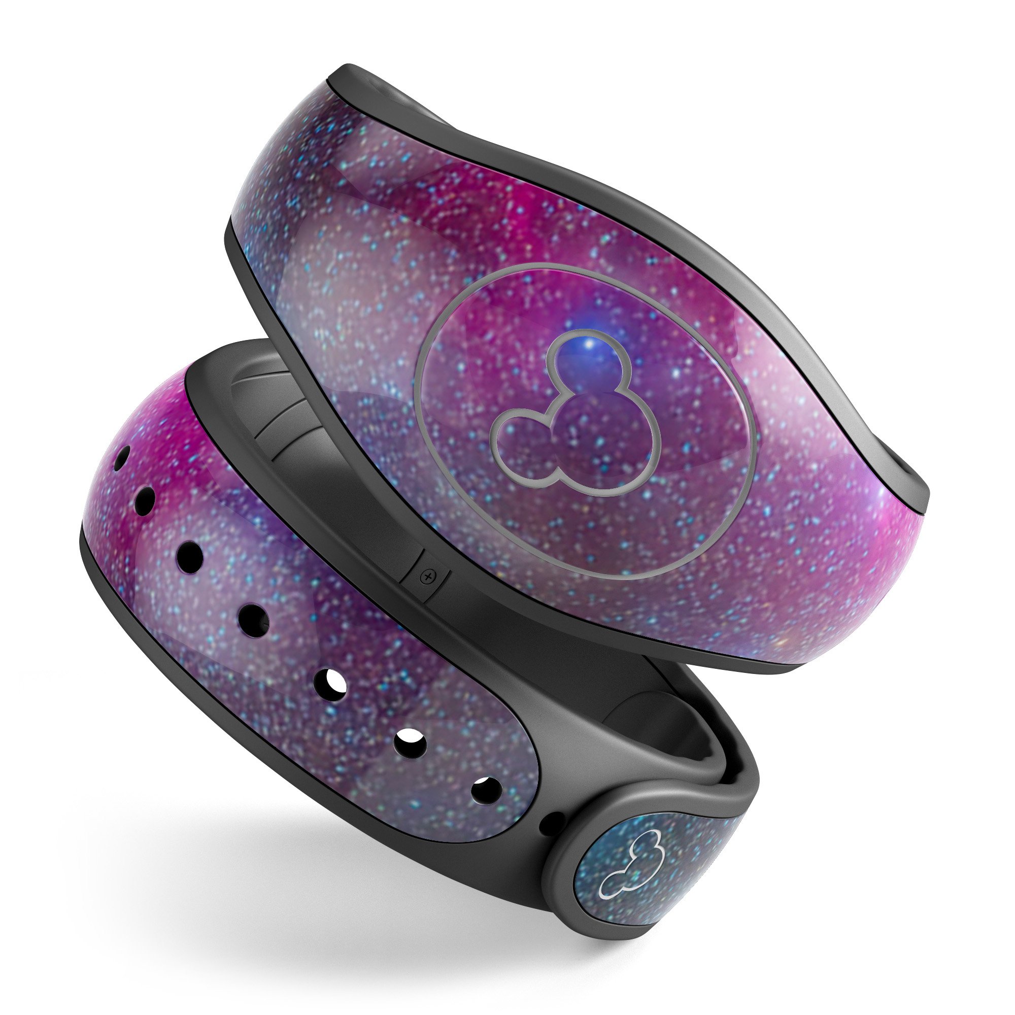 Pink and blue galaxy design decal skin wrap for Disney Magic Band, showcasing vibrant colors and a stylish pattern.