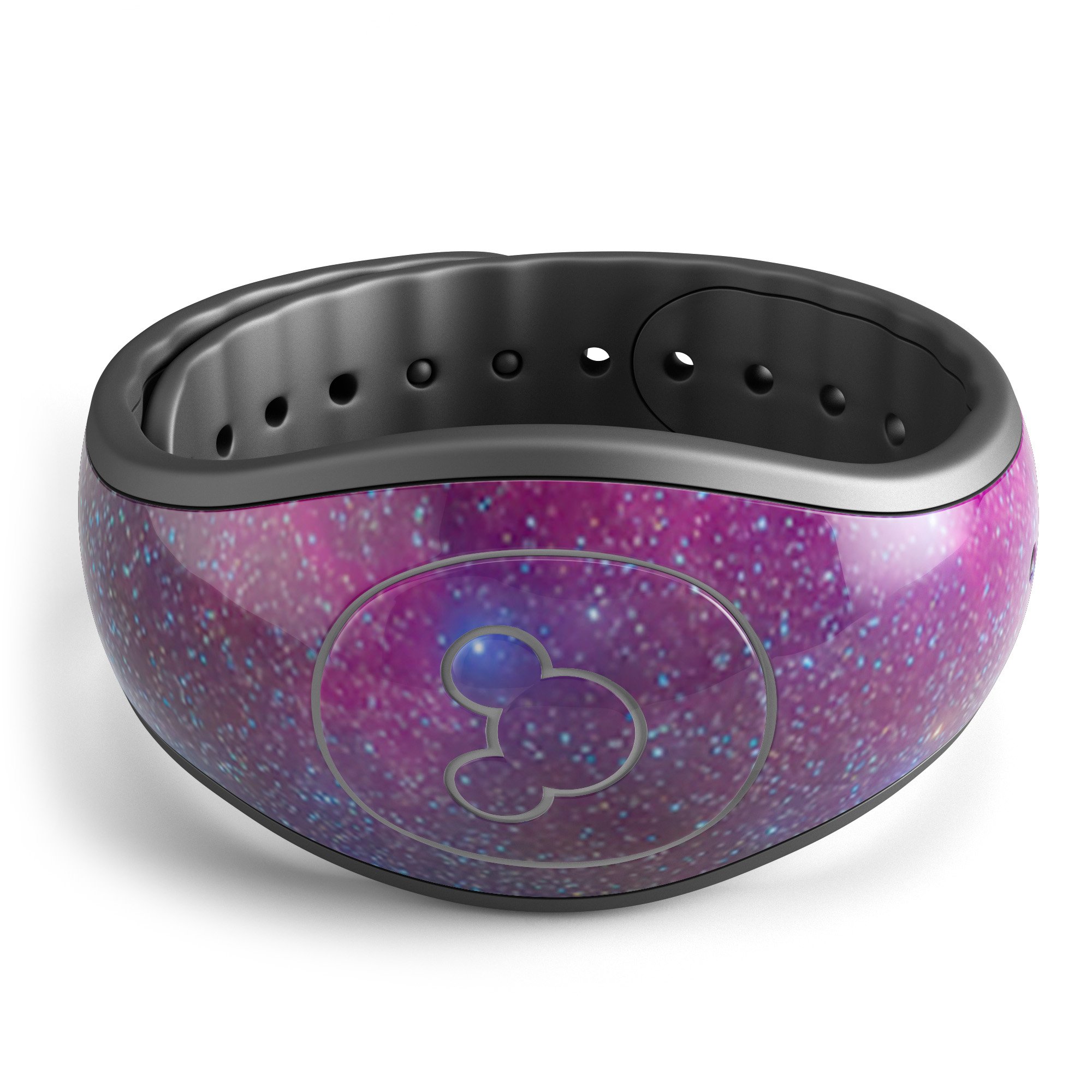 Pink and blue galaxy design decal skin wrap for Disney Magic Band, showcasing vibrant colors and a stylish pattern.