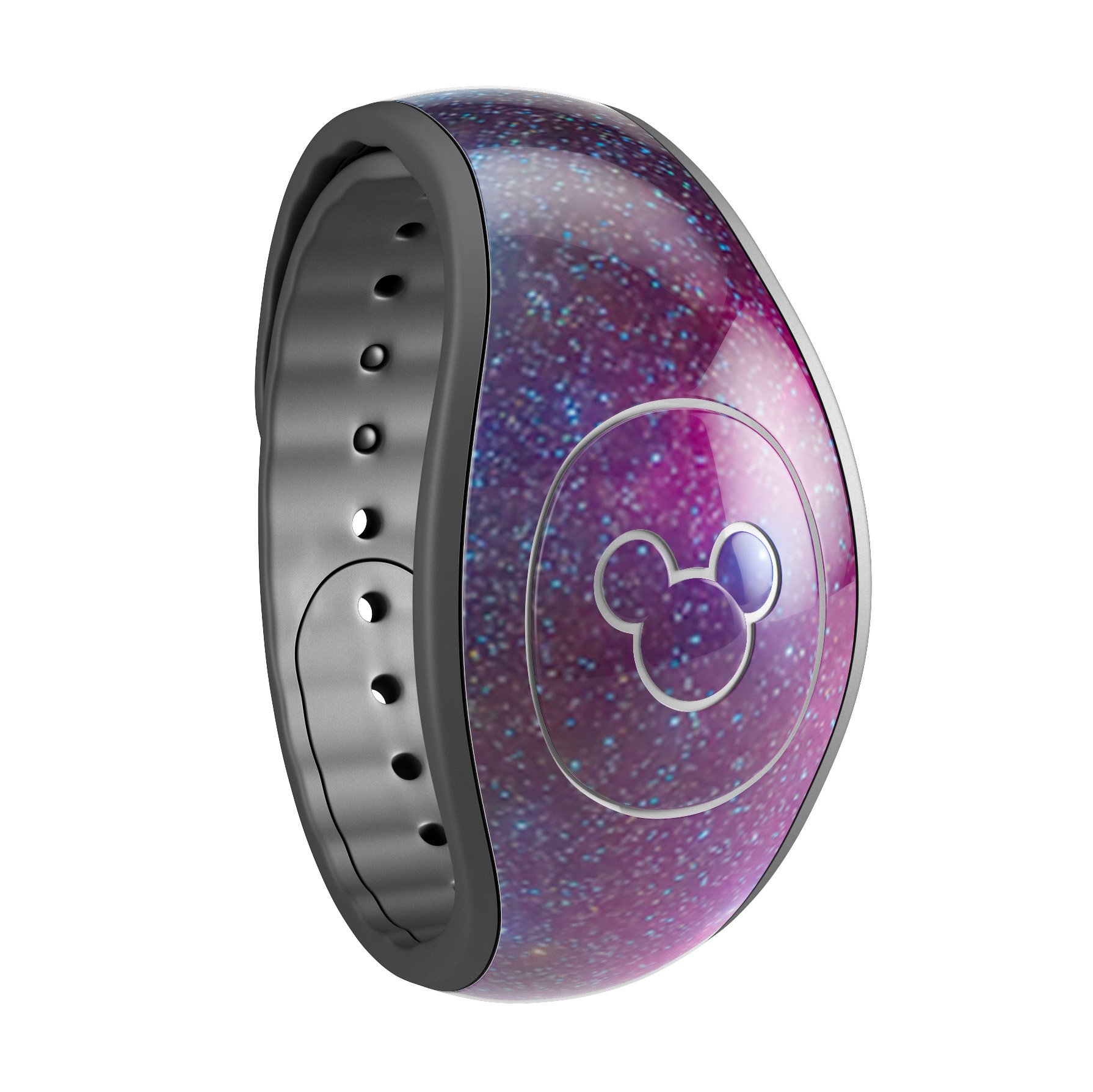 Pink and blue galaxy design decal skin wrap for Disney Magic Band, showcasing vibrant colors and a stylish pattern.