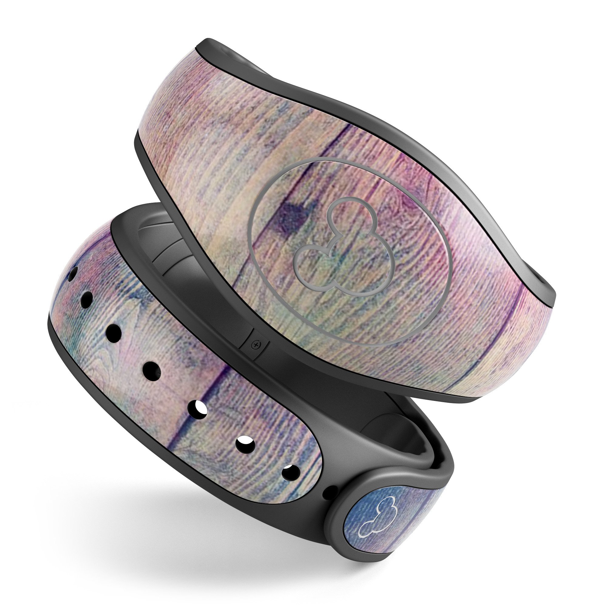 Pink and blue grunge wood planks decal skin wrap kit for Disney Magic Band, showcasing a trendy design with a textured wood appearance.