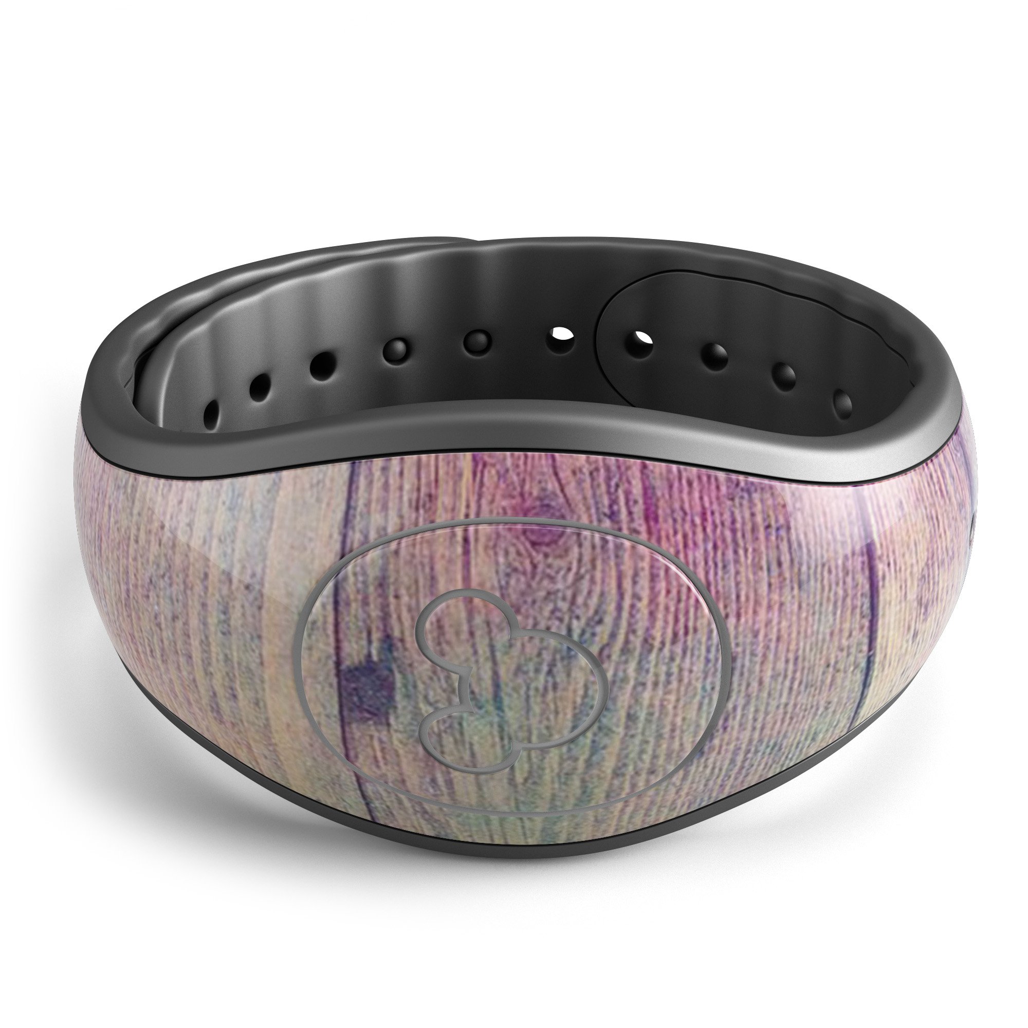Pink and blue grunge wood planks decal skin wrap kit for Disney Magic Band, showcasing a trendy design with a textured wood appearance.
