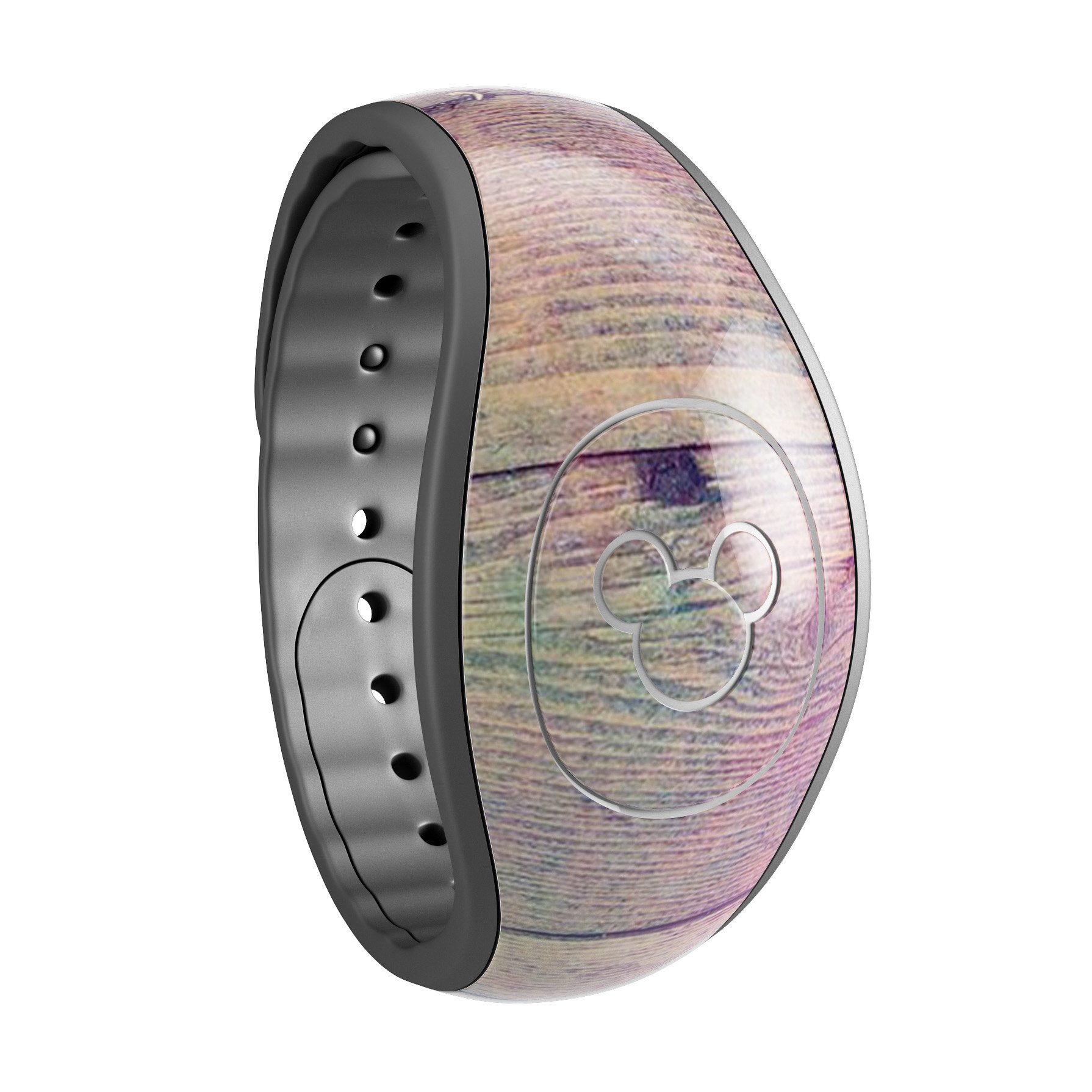 Pink and blue grunge wood planks decal skin wrap kit for Disney Magic Band, showcasing a trendy design with a textured wood appearance.
