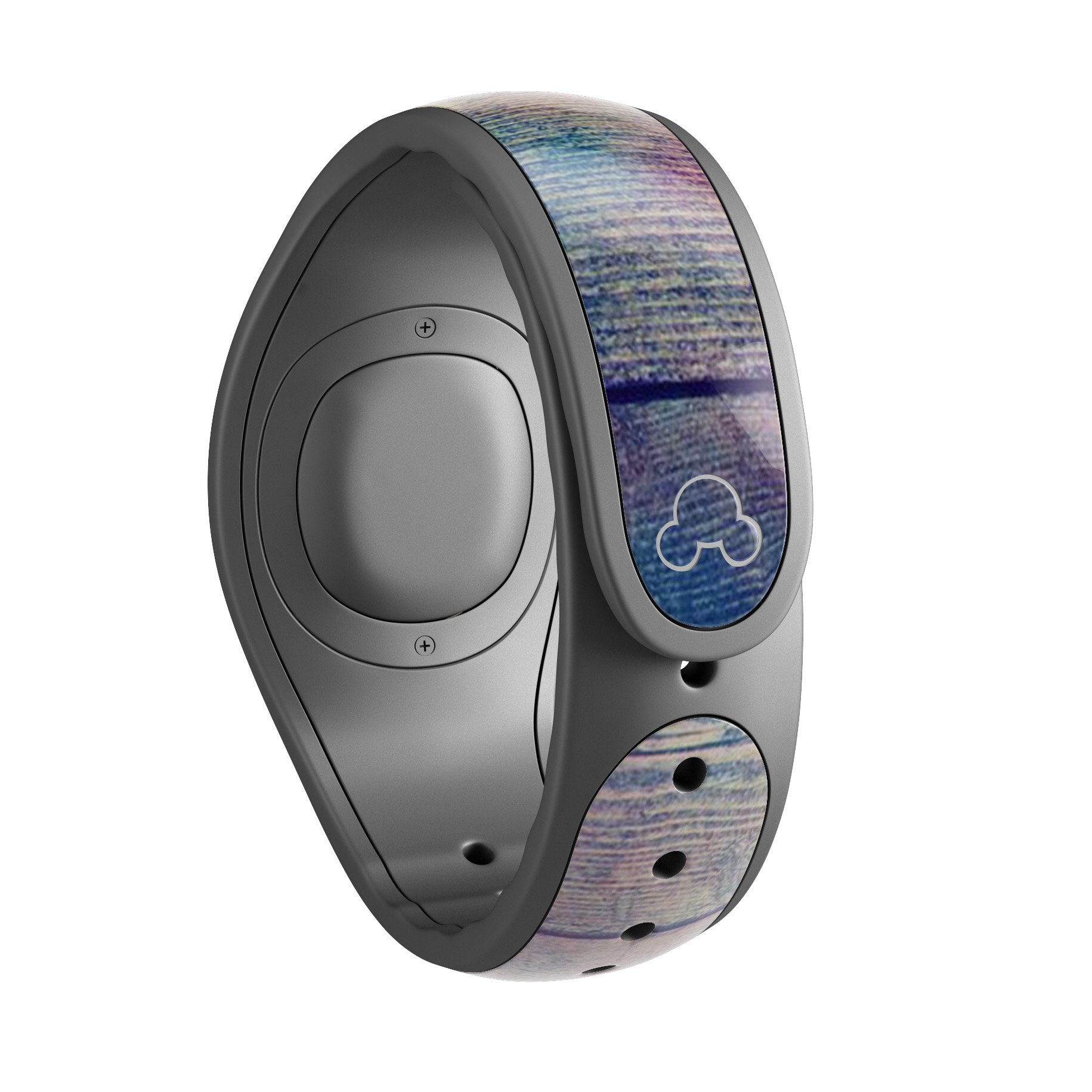 Pink and blue grunge wood planks decal skin wrap kit for Disney Magic Band, showcasing a trendy design with a textured wood appearance.