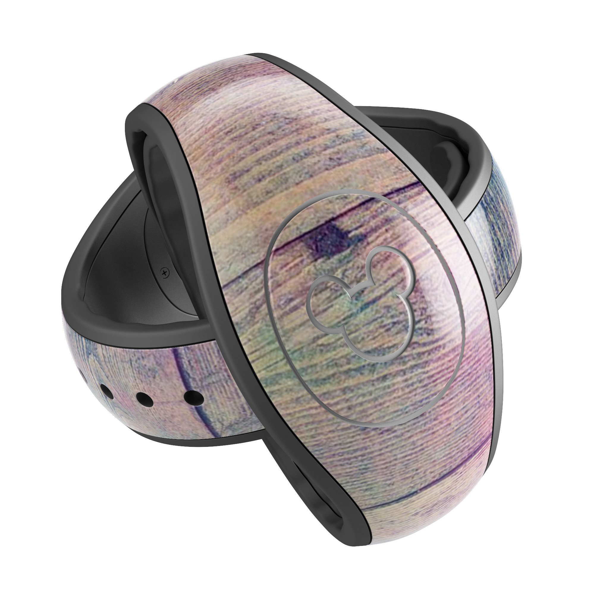 Pink and blue grunge wood planks decal skin wrap kit for Disney Magic Band, showcasing a trendy design with a textured wood appearance.
