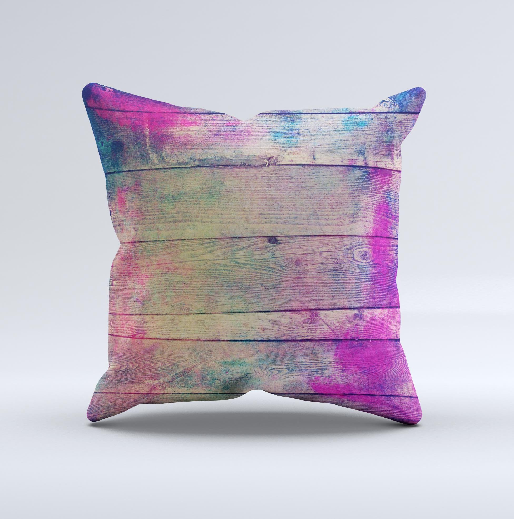 Handcrafted Pink & Blue Grunge Wood Planks Decorative Throw Pillow with high thread count fabric and unique design.