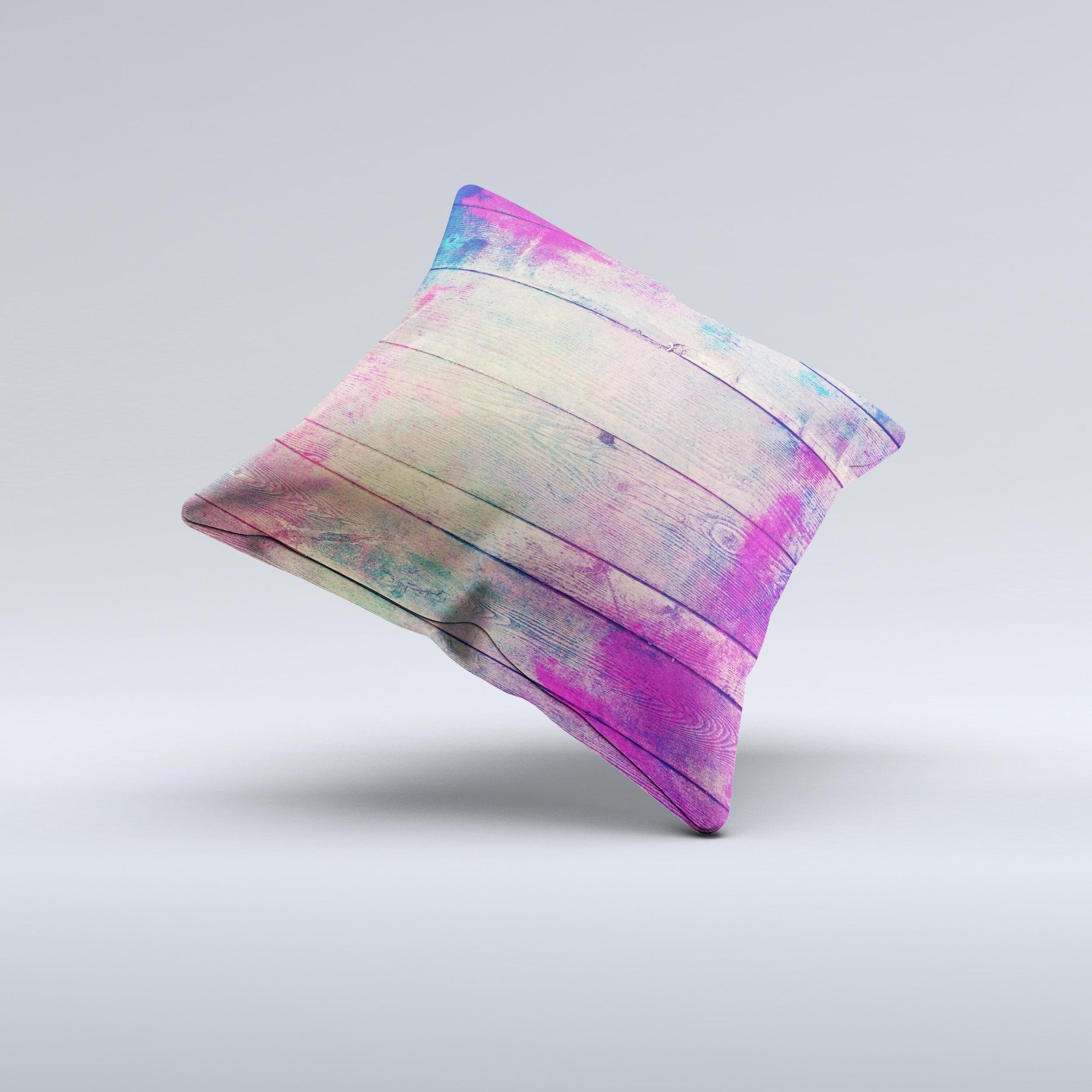 Handcrafted Pink & Blue Grunge Wood Planks Decorative Throw Pillow with high thread count fabric and unique design.