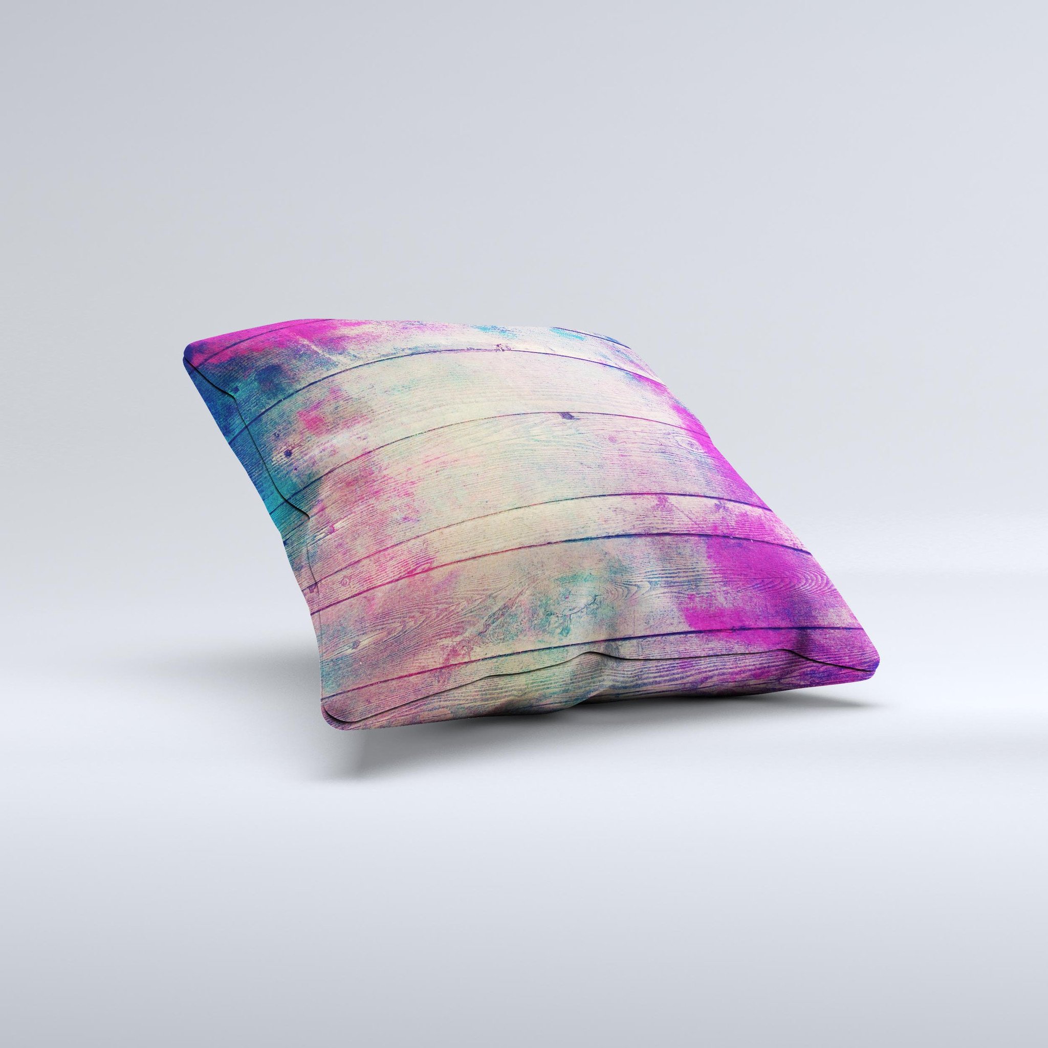 Handcrafted Pink & Blue Grunge Wood Planks Decorative Throw Pillow with high thread count fabric and unique design.