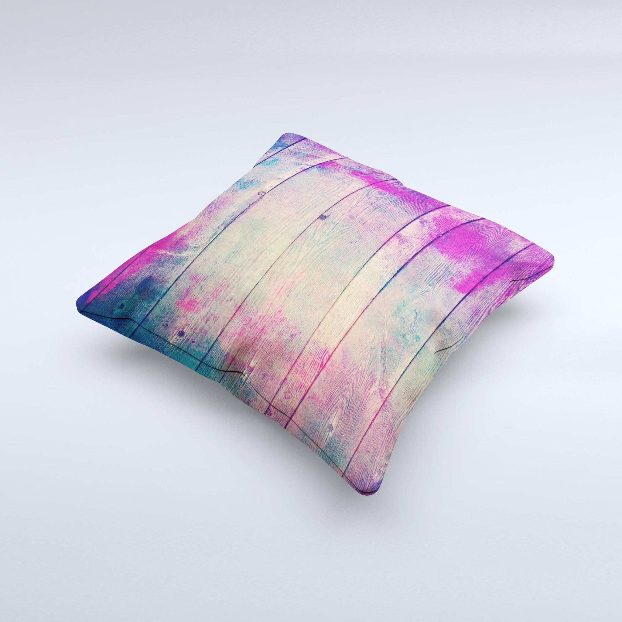 Handcrafted Pink & Blue Grunge Wood Planks Decorative Throw Pillow with high thread count fabric and unique design.