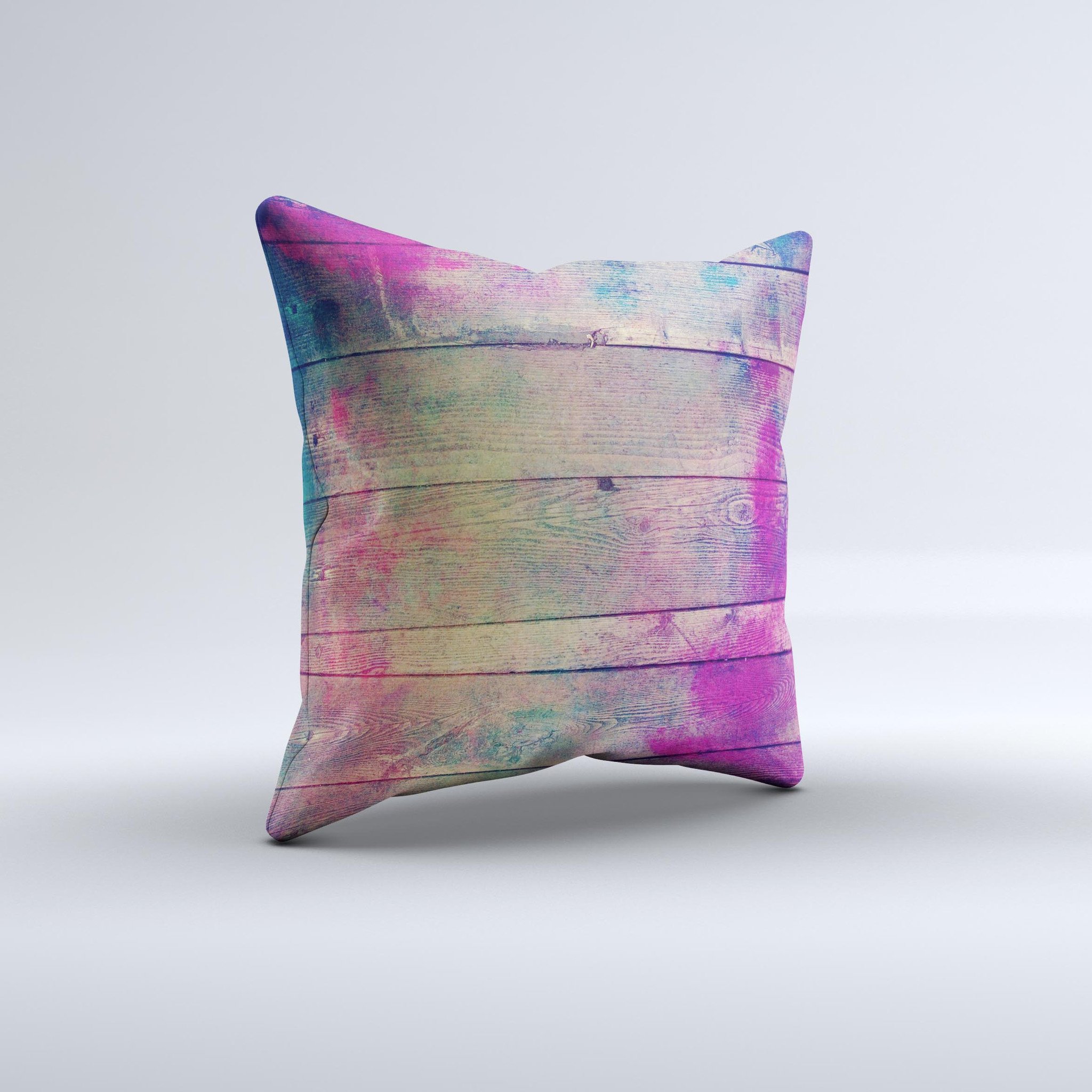 Handcrafted Pink & Blue Grunge Wood Planks Decorative Throw Pillow with high thread count fabric and unique design.