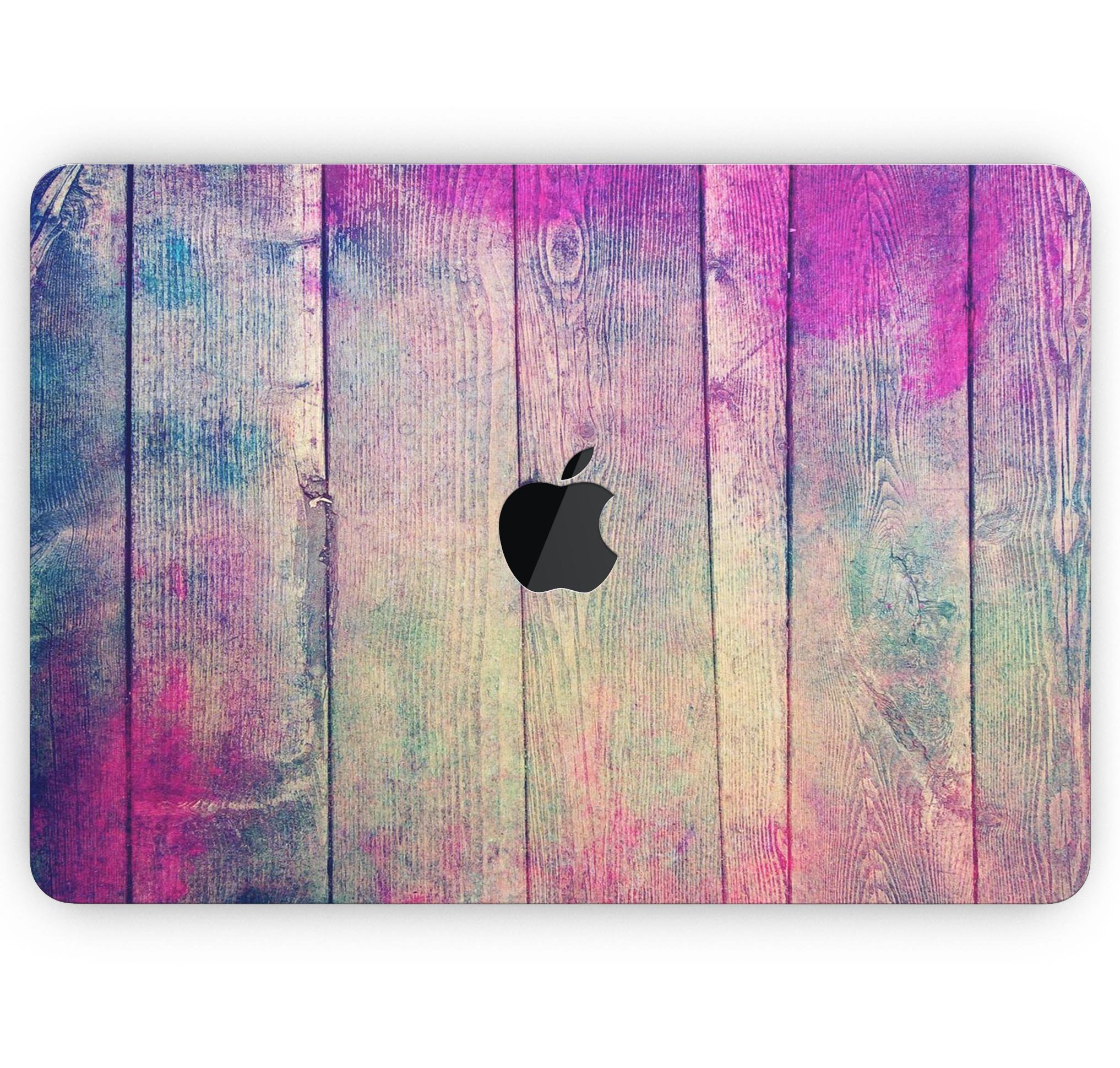 Pink and blue grunge wood planks skin decal wrap for MacBook, showcasing vibrant colors and a stylish design.