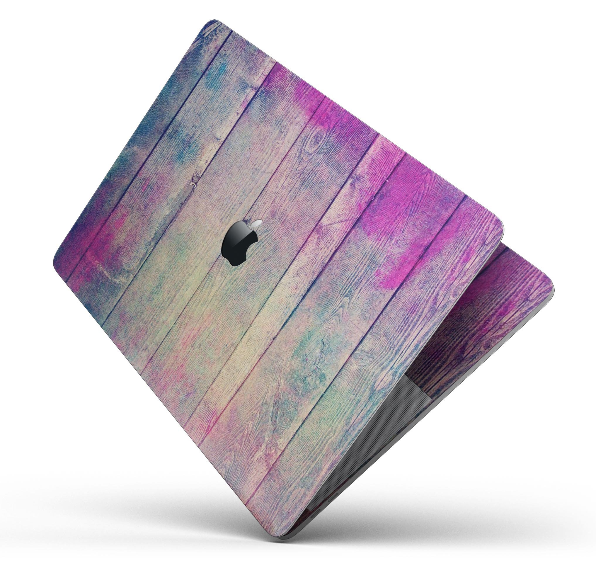 Pink and blue grunge wood planks skin decal wrap for MacBook, showcasing vibrant colors and a stylish design.