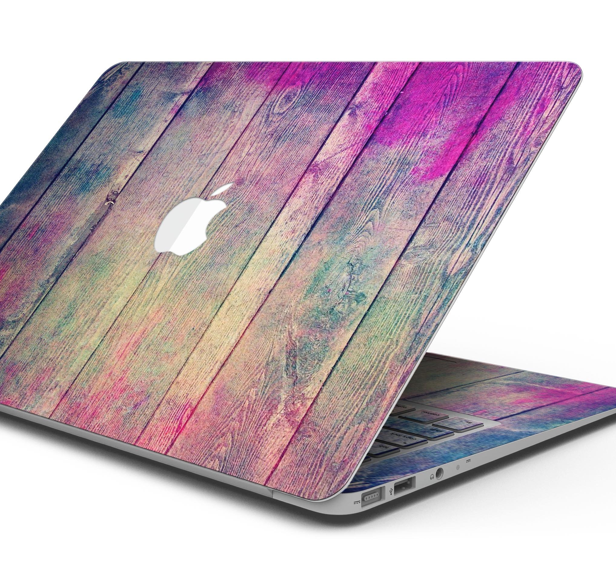 Pink and blue grunge wood planks skin decal wrap for MacBook, showcasing vibrant colors and a stylish design.