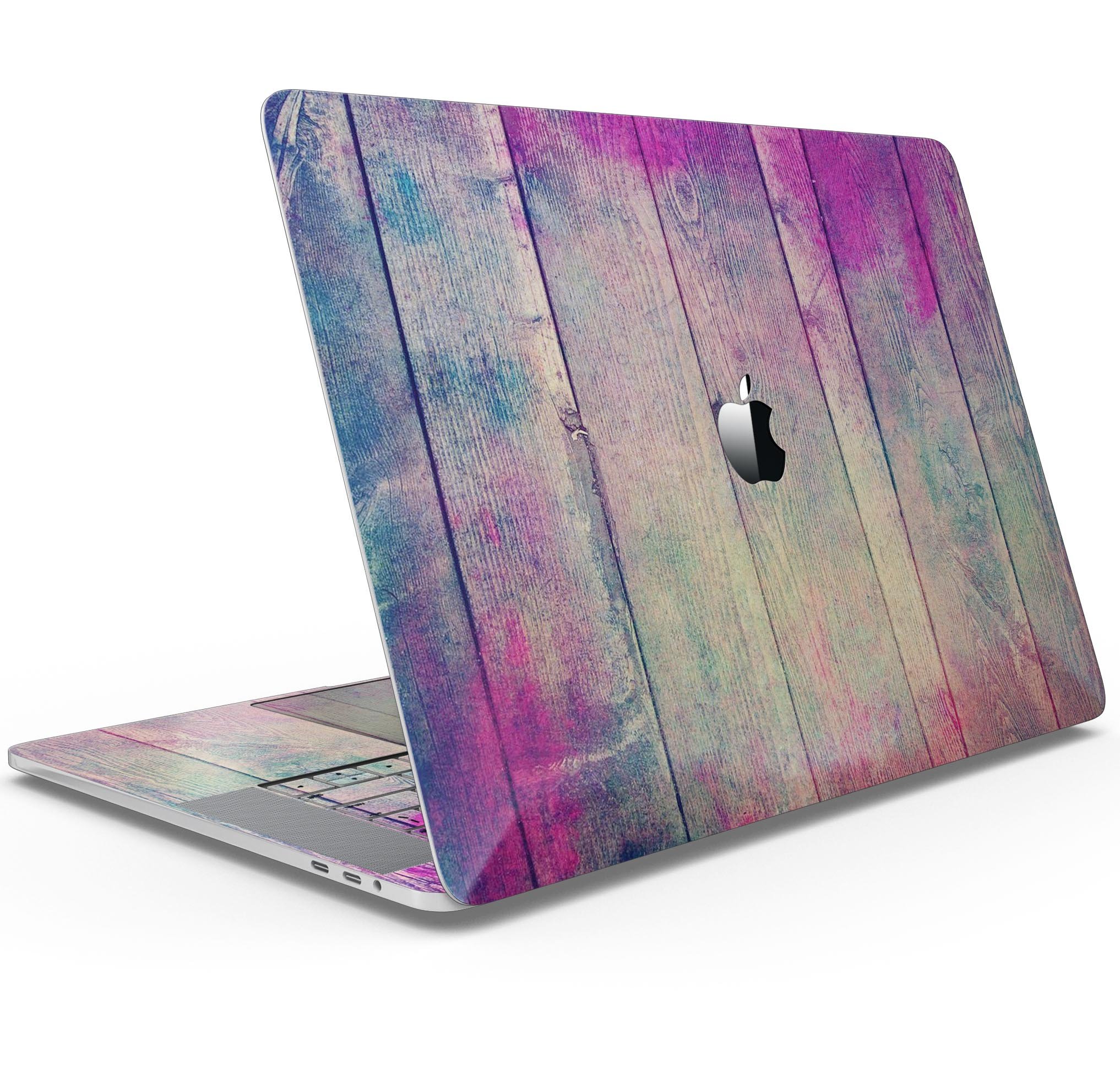 Pink and blue grunge wood planks skin decal wrap for MacBook, showcasing vibrant colors and a stylish design.