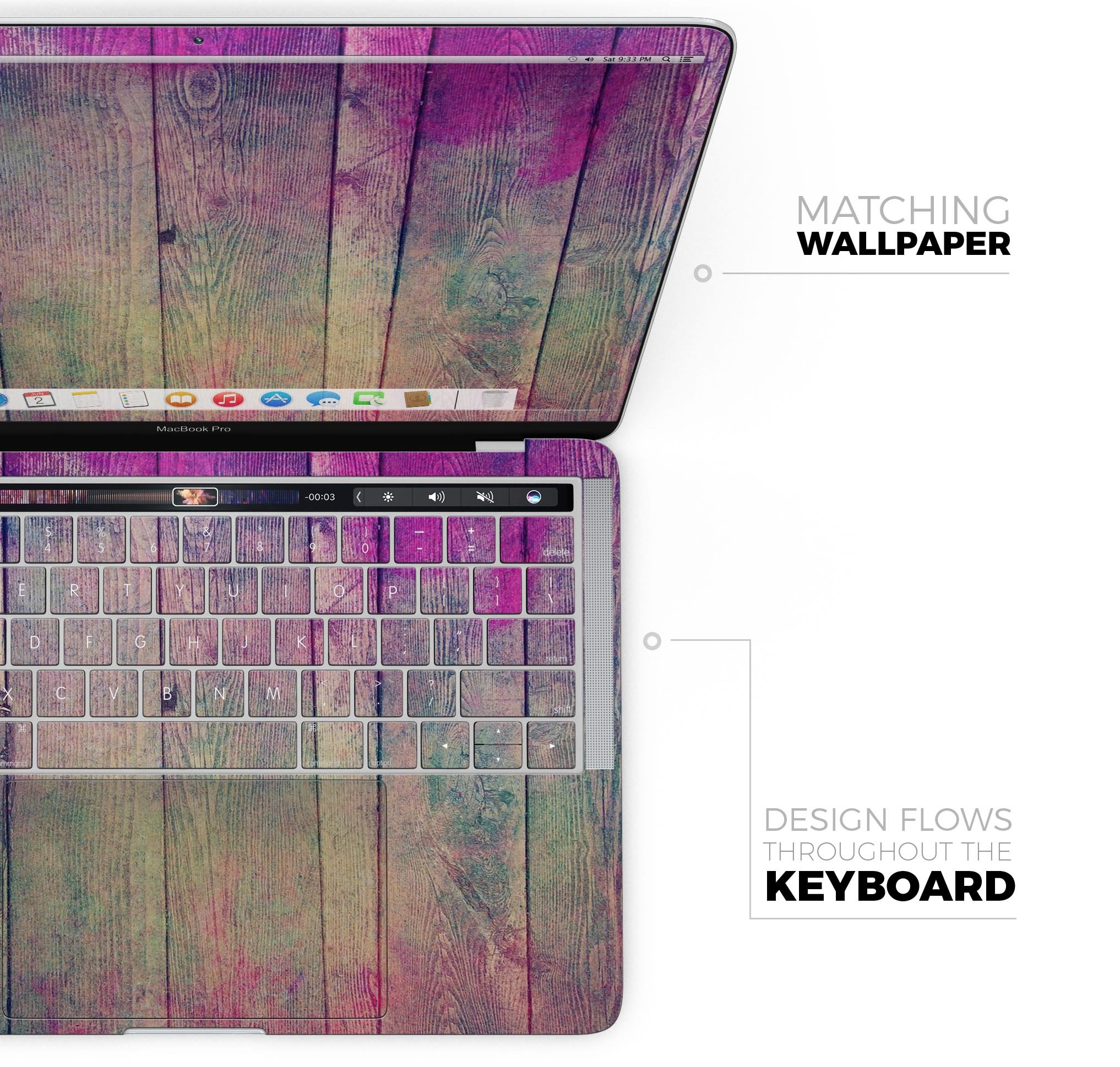 Pink and blue grunge wood planks skin decal wrap for MacBook, showcasing vibrant colors and a stylish design.
