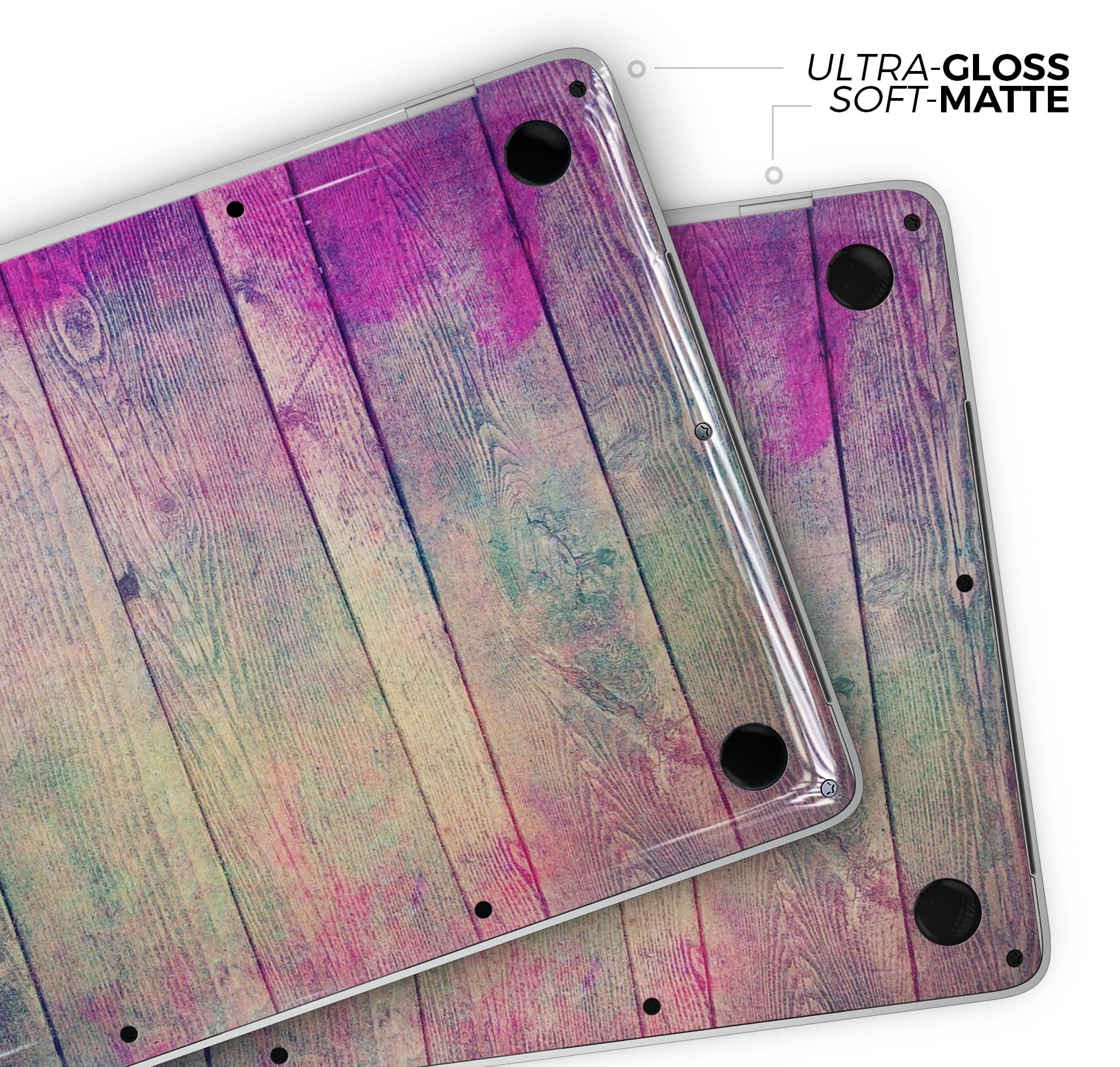 Pink and blue grunge wood planks skin decal wrap for MacBook, showcasing vibrant colors and a stylish design.