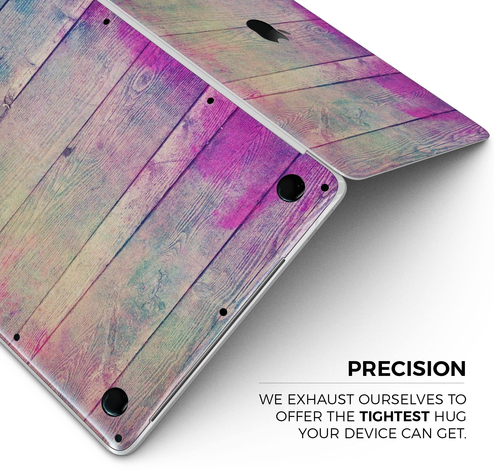 Pink and blue grunge wood planks skin decal wrap for MacBook, showcasing vibrant colors and a stylish design.
