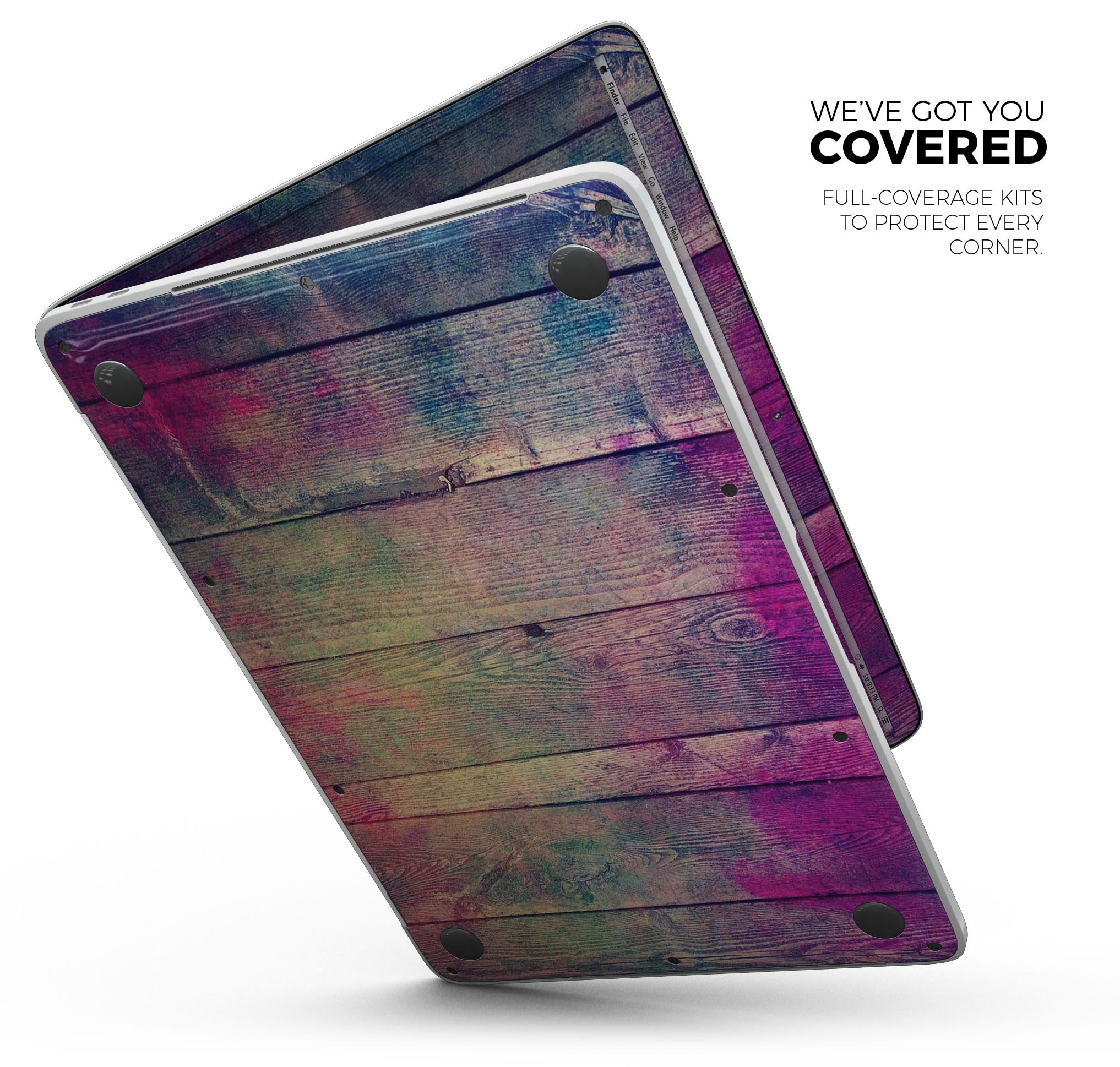 Pink and blue grunge wood planks skin decal wrap for MacBook, showcasing vibrant colors and a stylish design.
