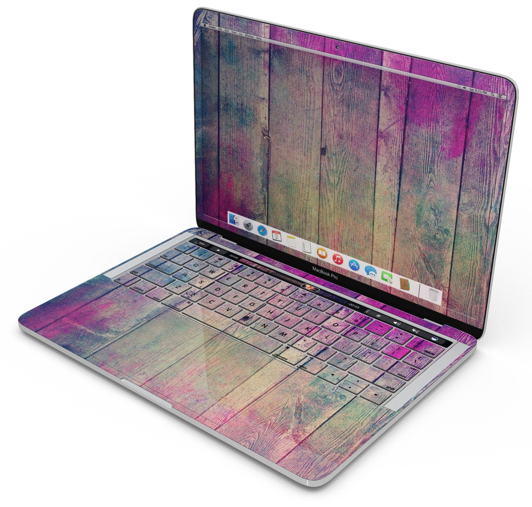 Pink and blue grunge wood planks skin decal wrap for MacBook, showcasing vibrant colors and a stylish design.