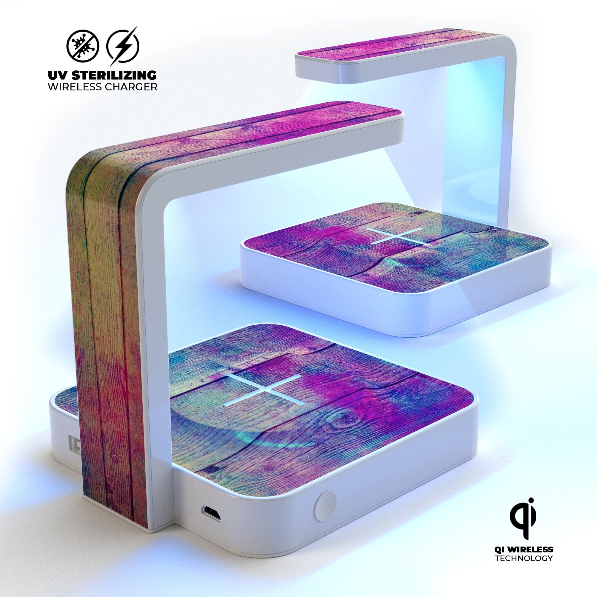 Pink and blue grunge wood planks UV germicidal sanitizing wireless charger with phone placed on it, showcasing its stylish design and functionality.