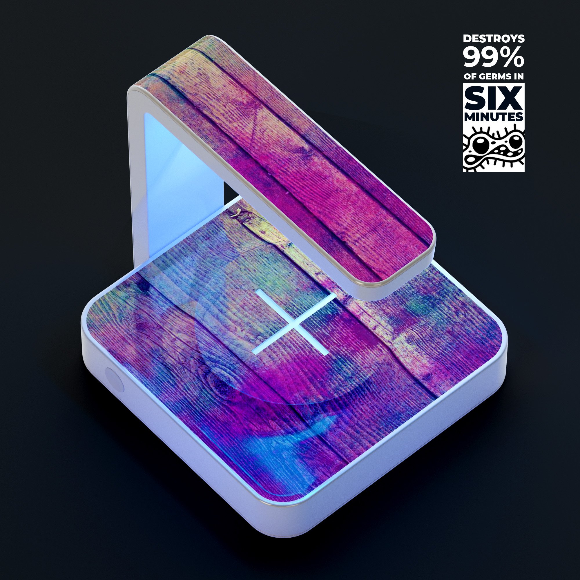 Pink and blue grunge wood planks UV germicidal sanitizing wireless charger with phone placed on it, showcasing its stylish design and functionality.