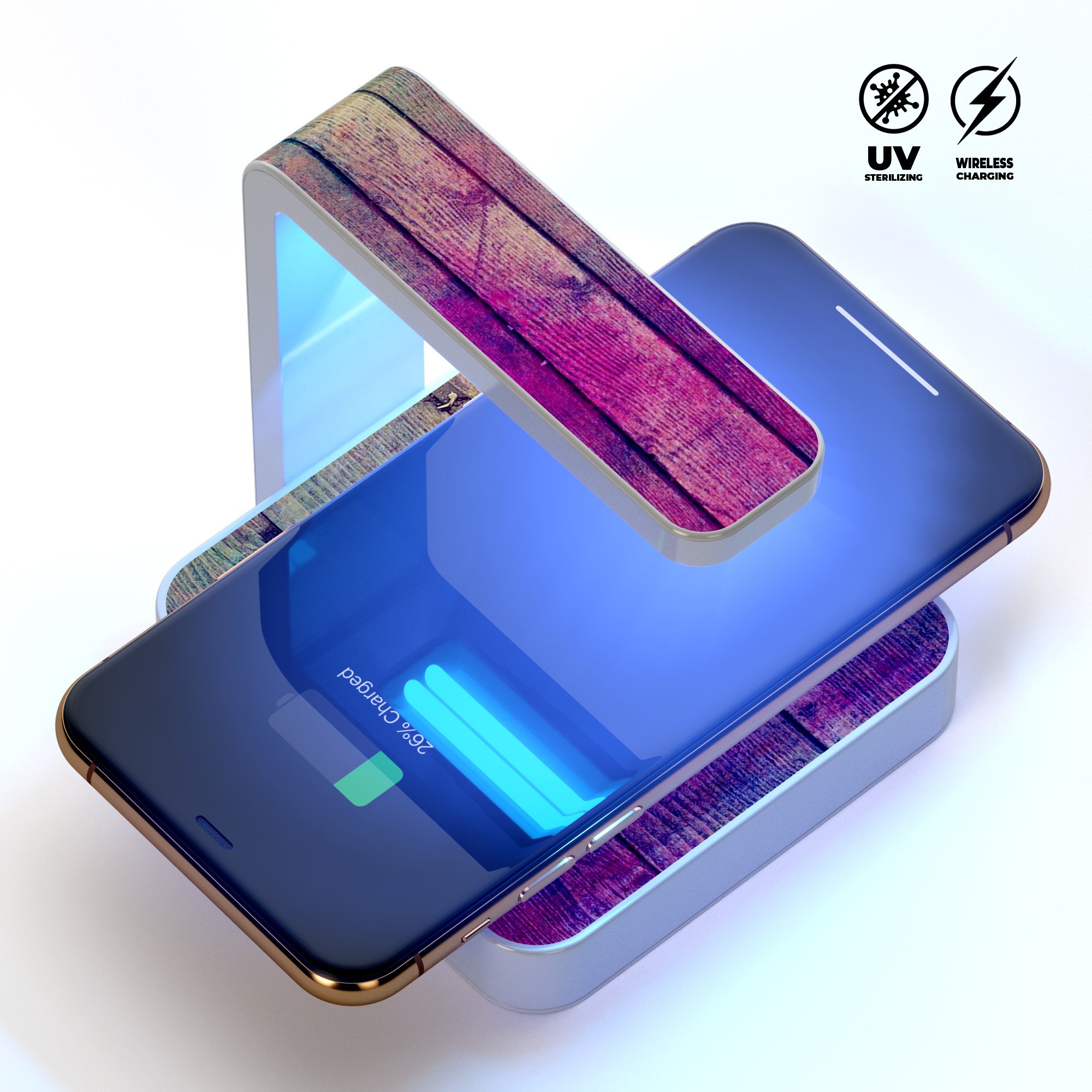 Pink and blue grunge wood planks UV germicidal sanitizing wireless charger with phone placed on it, showcasing its stylish design and functionality.