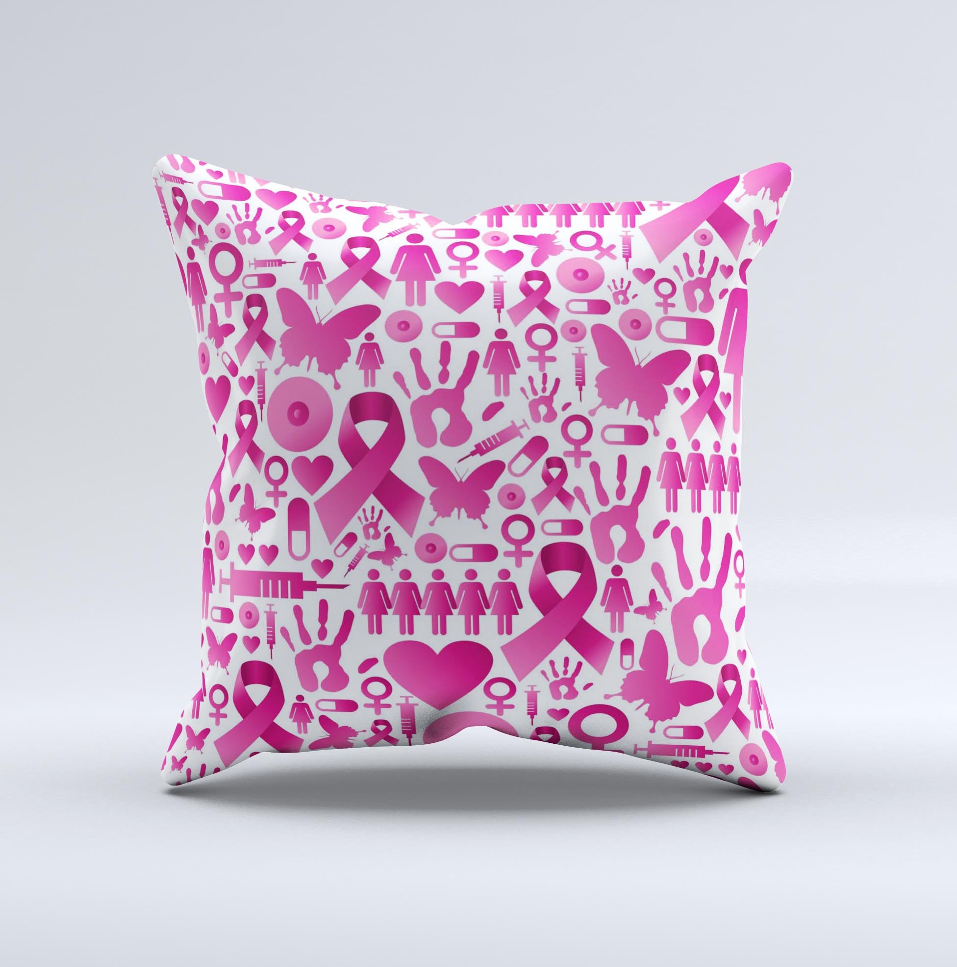 Pink Collage Breast Cancer Awareness Decorative Throw Pillow with unique hand-produced graphic design.