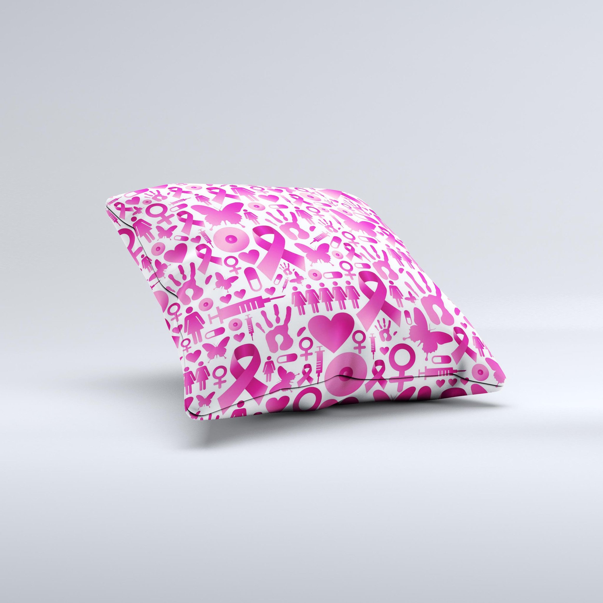 Pink Collage Breast Cancer Awareness Decorative Throw Pillow with unique hand-produced graphic design.