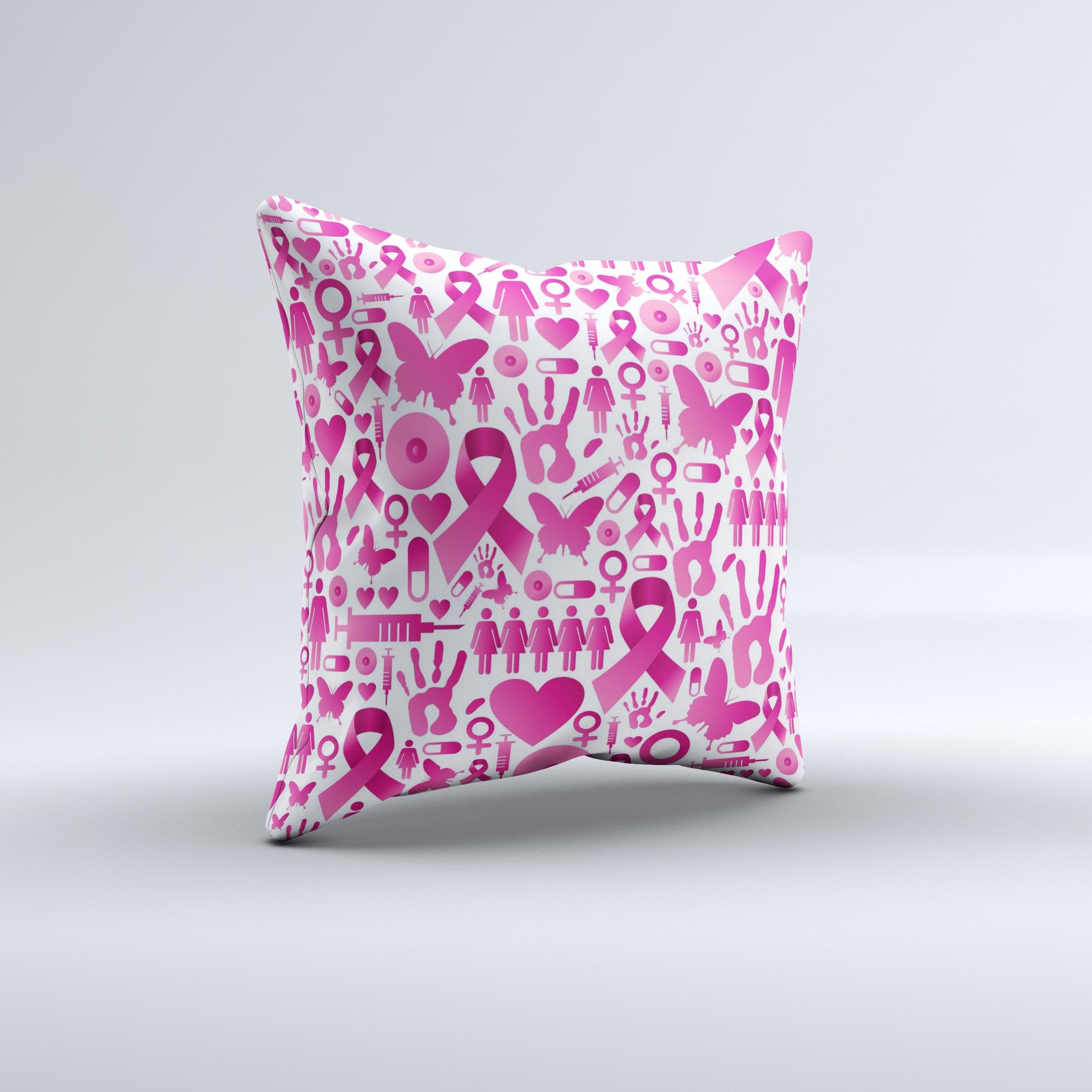 Pink Collage Breast Cancer Awareness Decorative Throw Pillow with unique hand-produced graphic design.