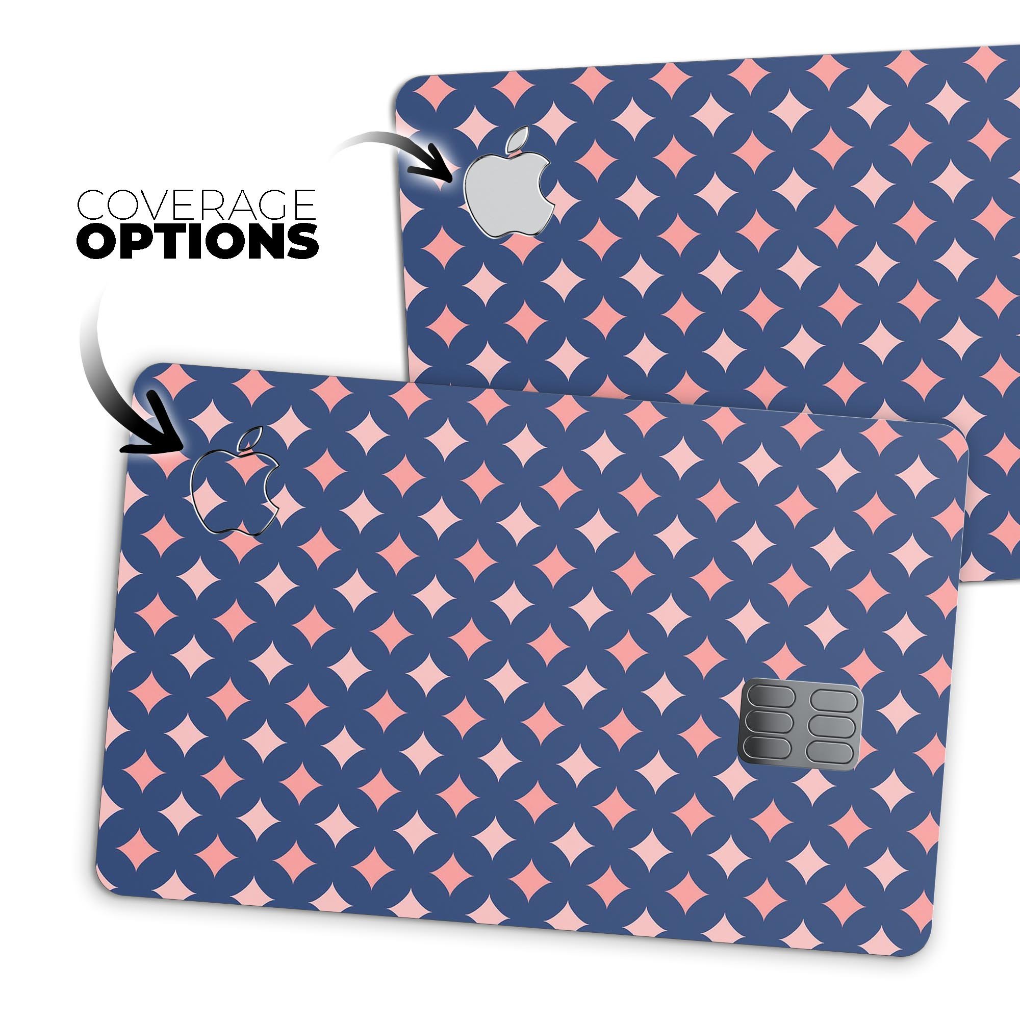 Premium protective decal featuring a pink diamonds pattern on a navy background, designed for Apple Card.