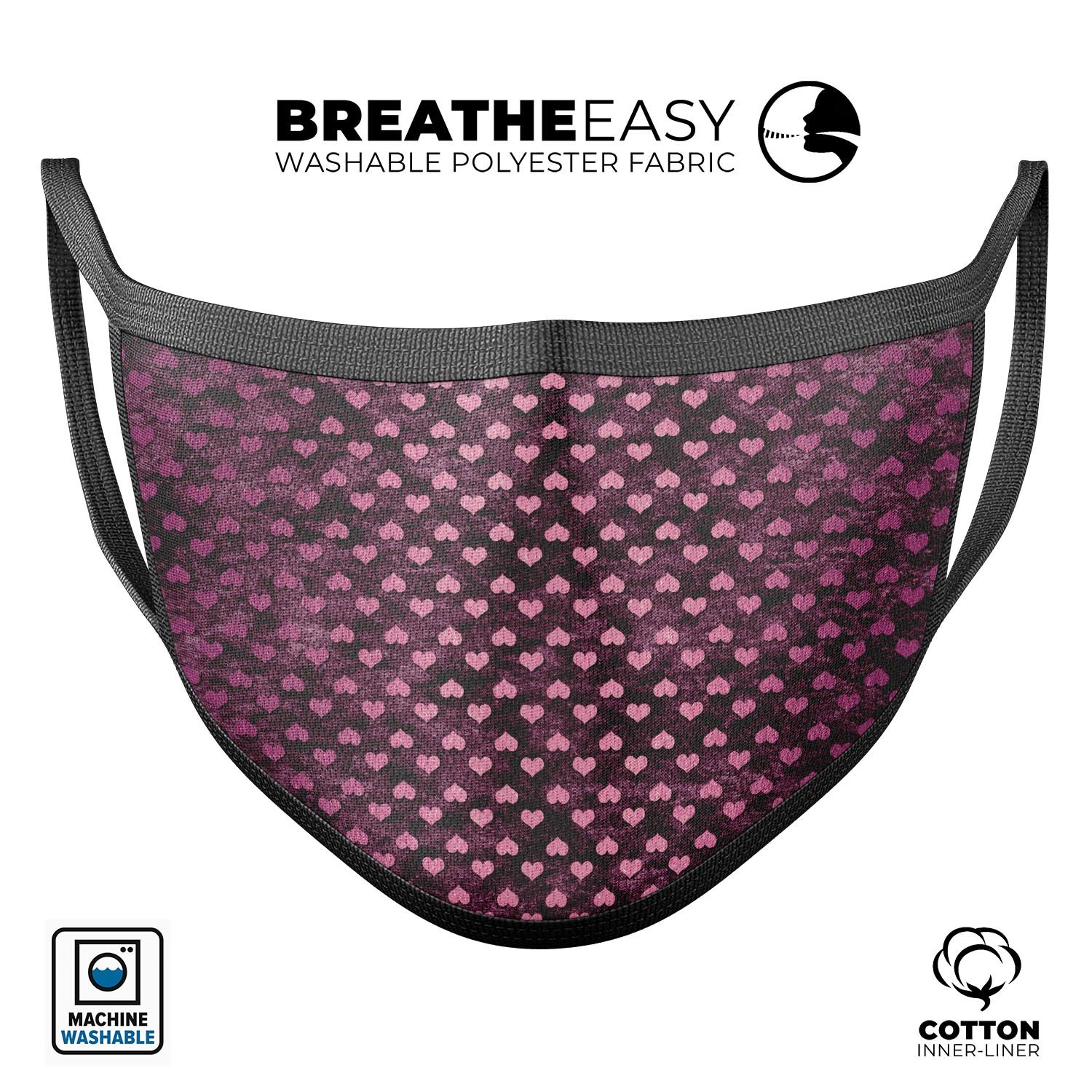 Pink Faded Micro Hearts Over Fuscia Mouth Cover, showcasing a vibrant design with adjustable ear loops for a comfortable fit.