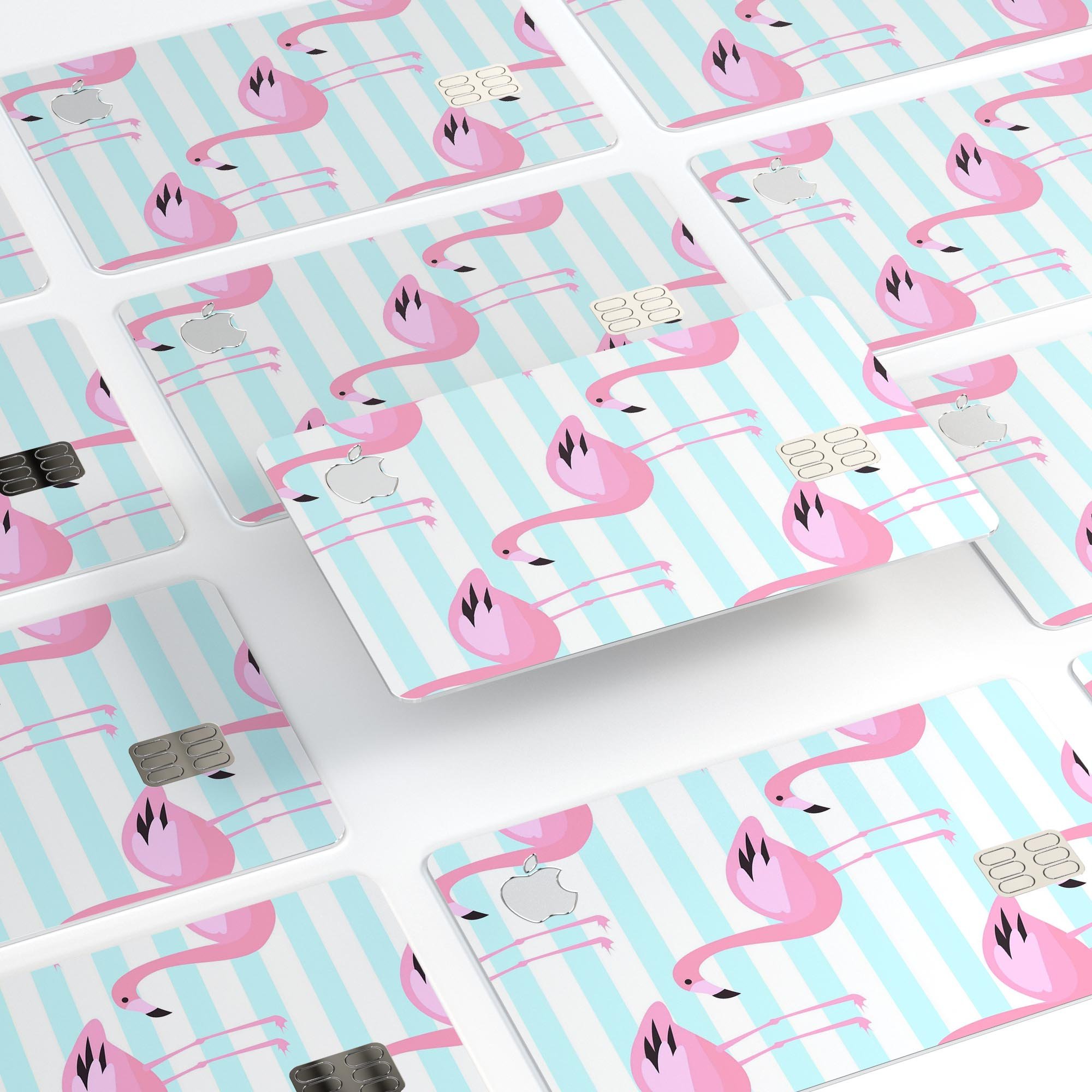 Pink flamingos design over teal stripes on a premium protective decal skin for Apple Card, showcasing vibrant colors and stylish patterns.